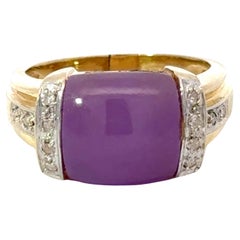 Vintage Purple Square Cabochon Jade and Diamond Ring 14k Yellow Gold