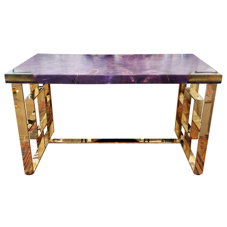 Purple Stained Wood Desk With Acrylic And Brass Legs