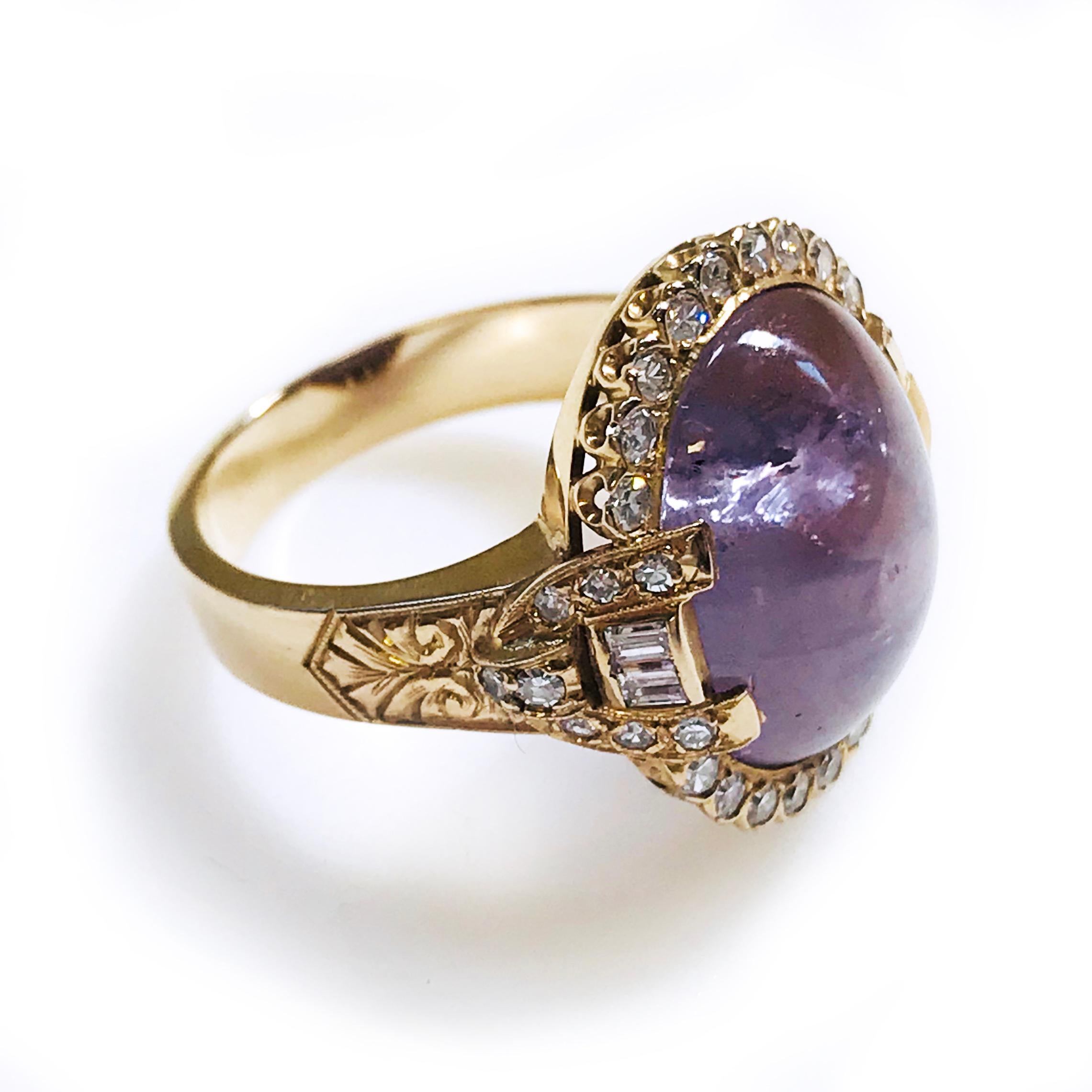 Electronically tested 14k rose gold custom cast purple star sapphire and diamond ring. The featured purple star sapphire is set within a diamond bezel, supported by diamond set shoulders and completed by a three and one-half millimeter wide band.