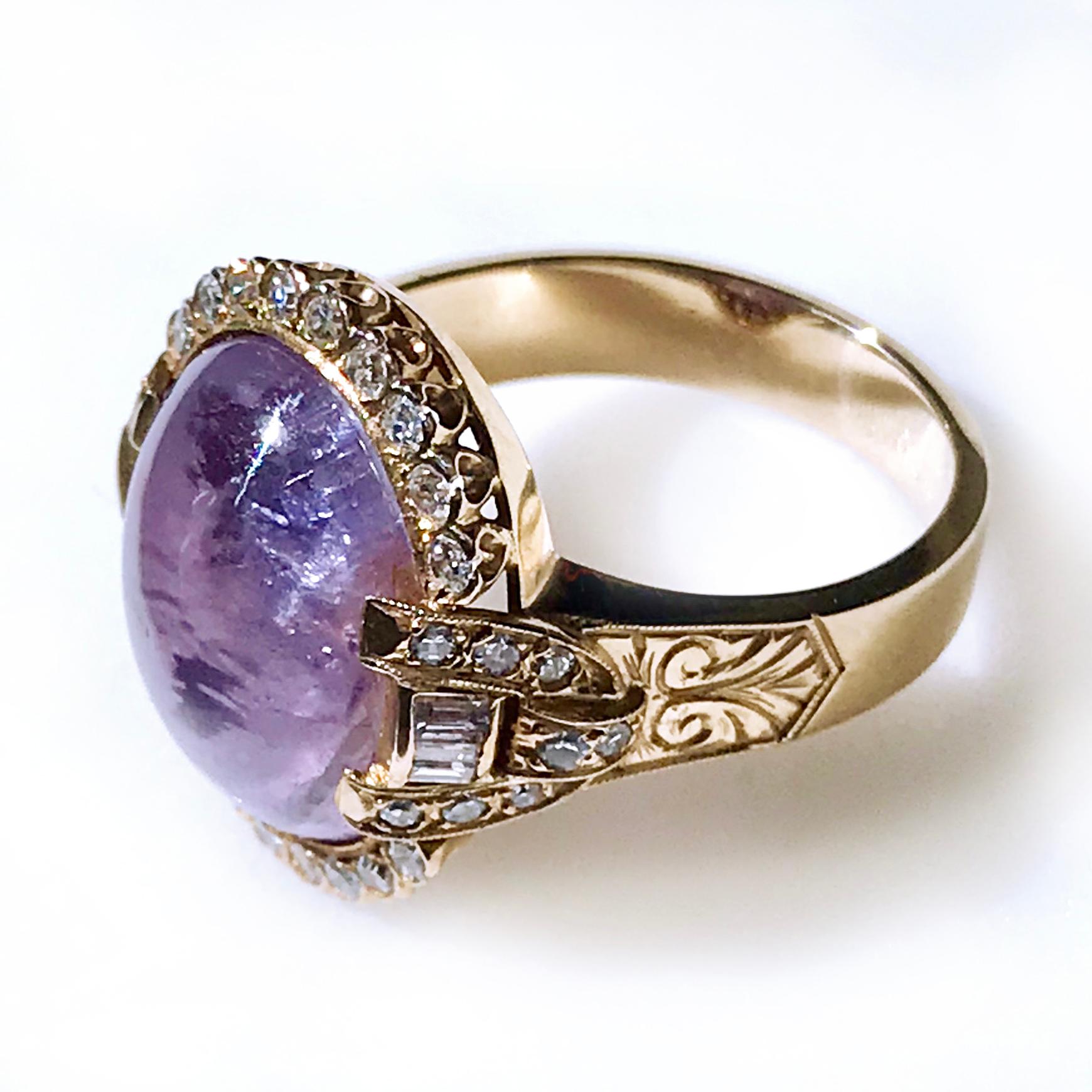 Baroque Revival Purple Star Sapphire Diamond Cocktail Ring For Sale