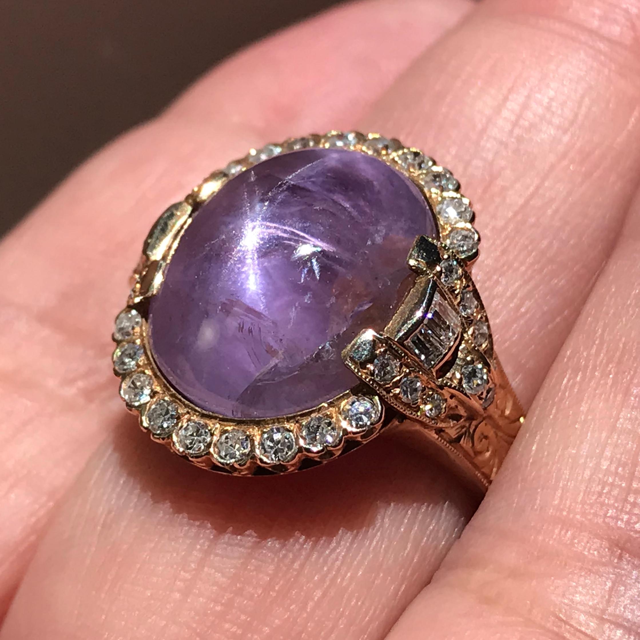 Purple Star Sapphire Diamond Cocktail Ring In Excellent Condition For Sale In Palm Desert, CA