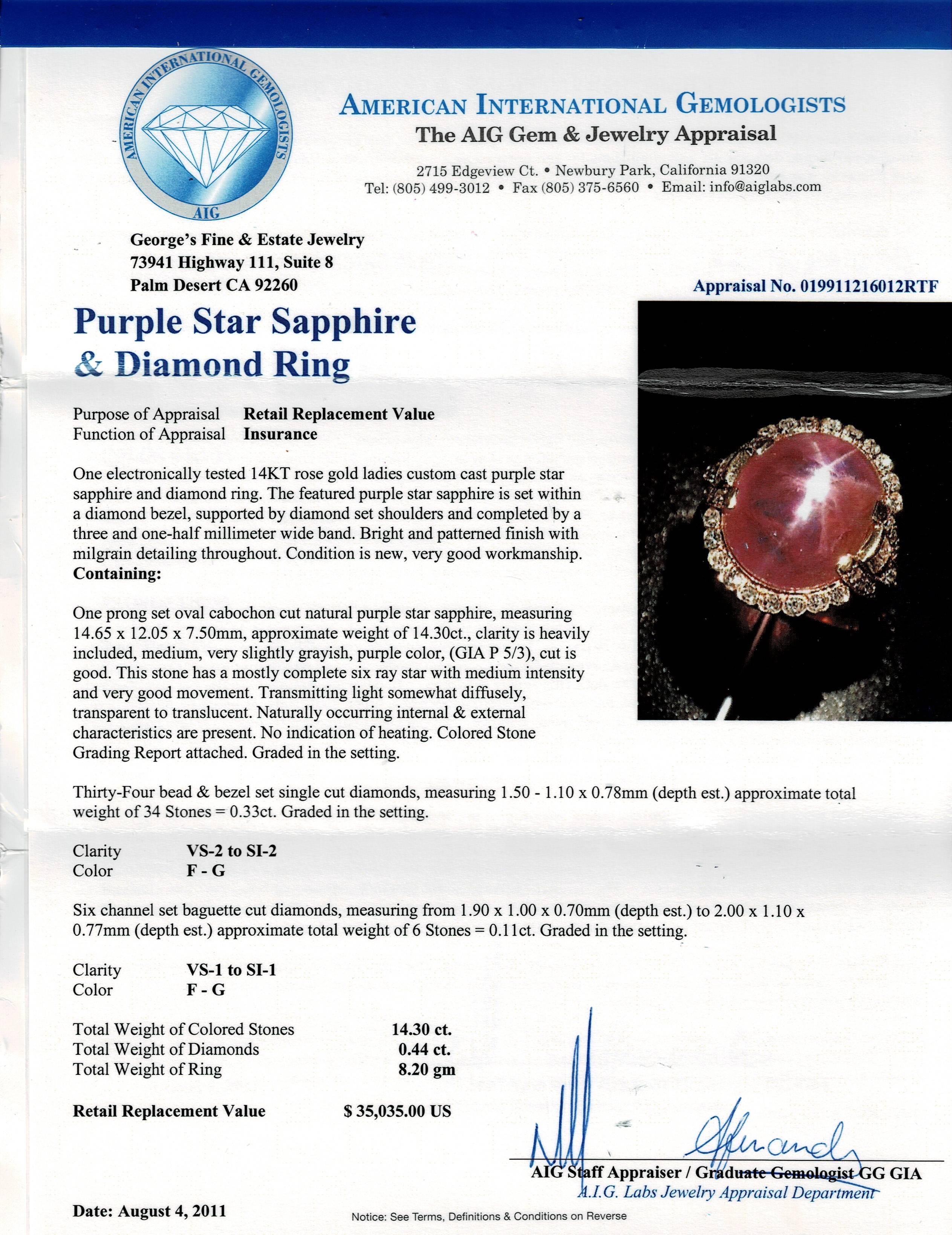 Women's or Men's Purple Star Sapphire Diamond Cocktail Ring For Sale