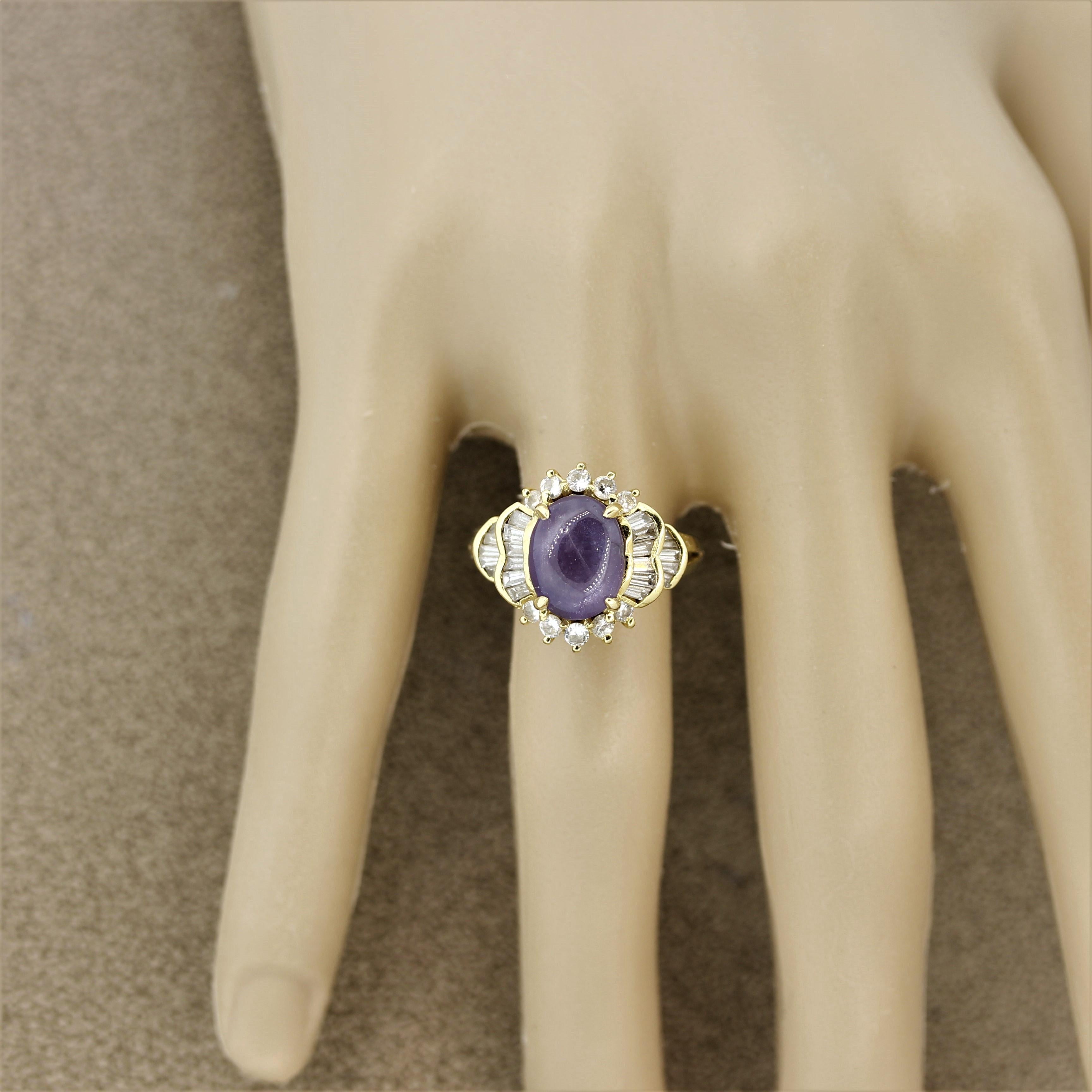 Purple Star Sapphire Diamond Gold Ring In New Condition In Beverly Hills, CA