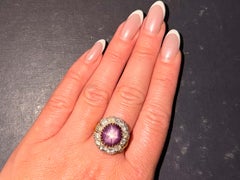 Purple Star Sapphire Diamond Halo Ring 18K Yellow Gold