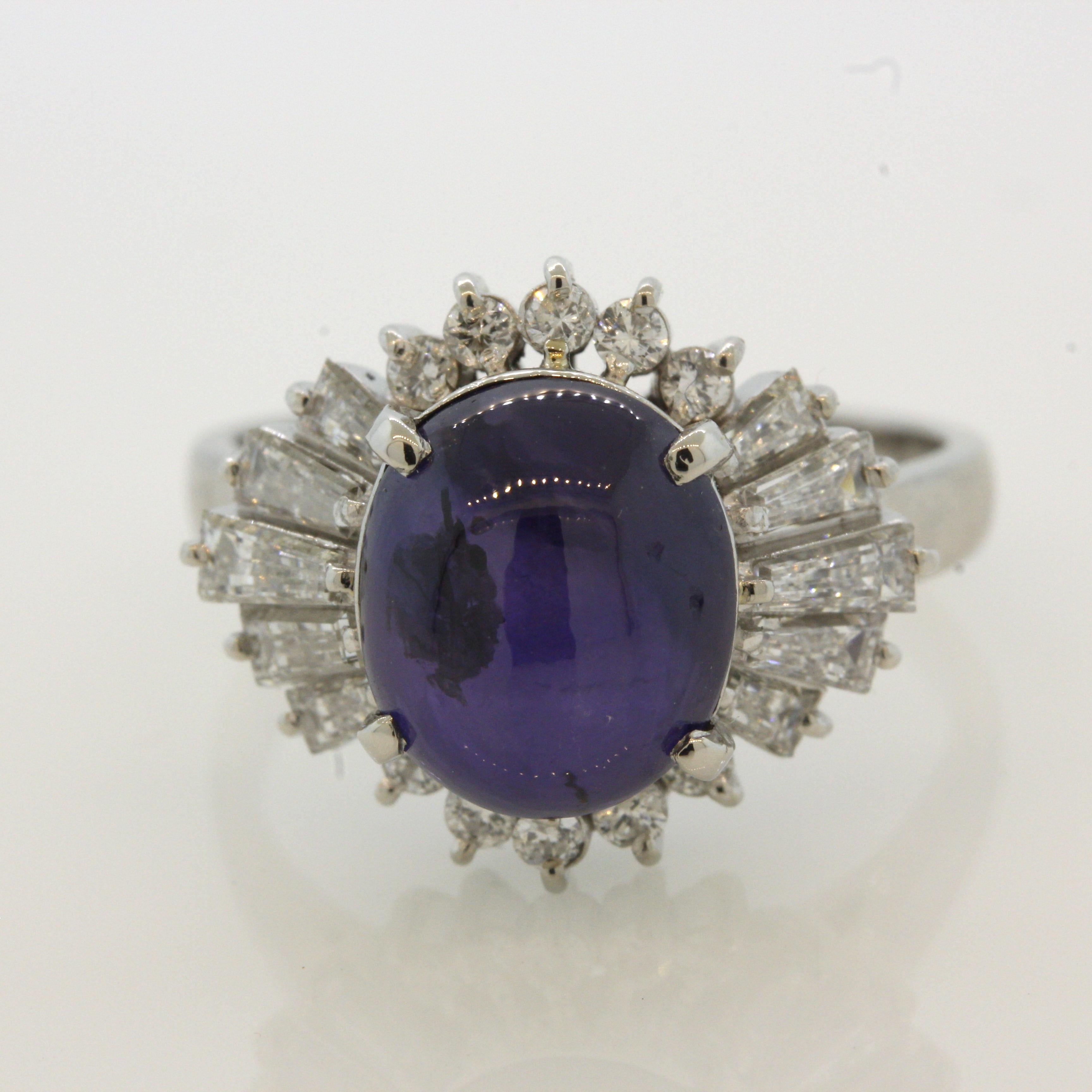 Cabochon Purple Star Sapphire Diamond Platinum Ring For Sale