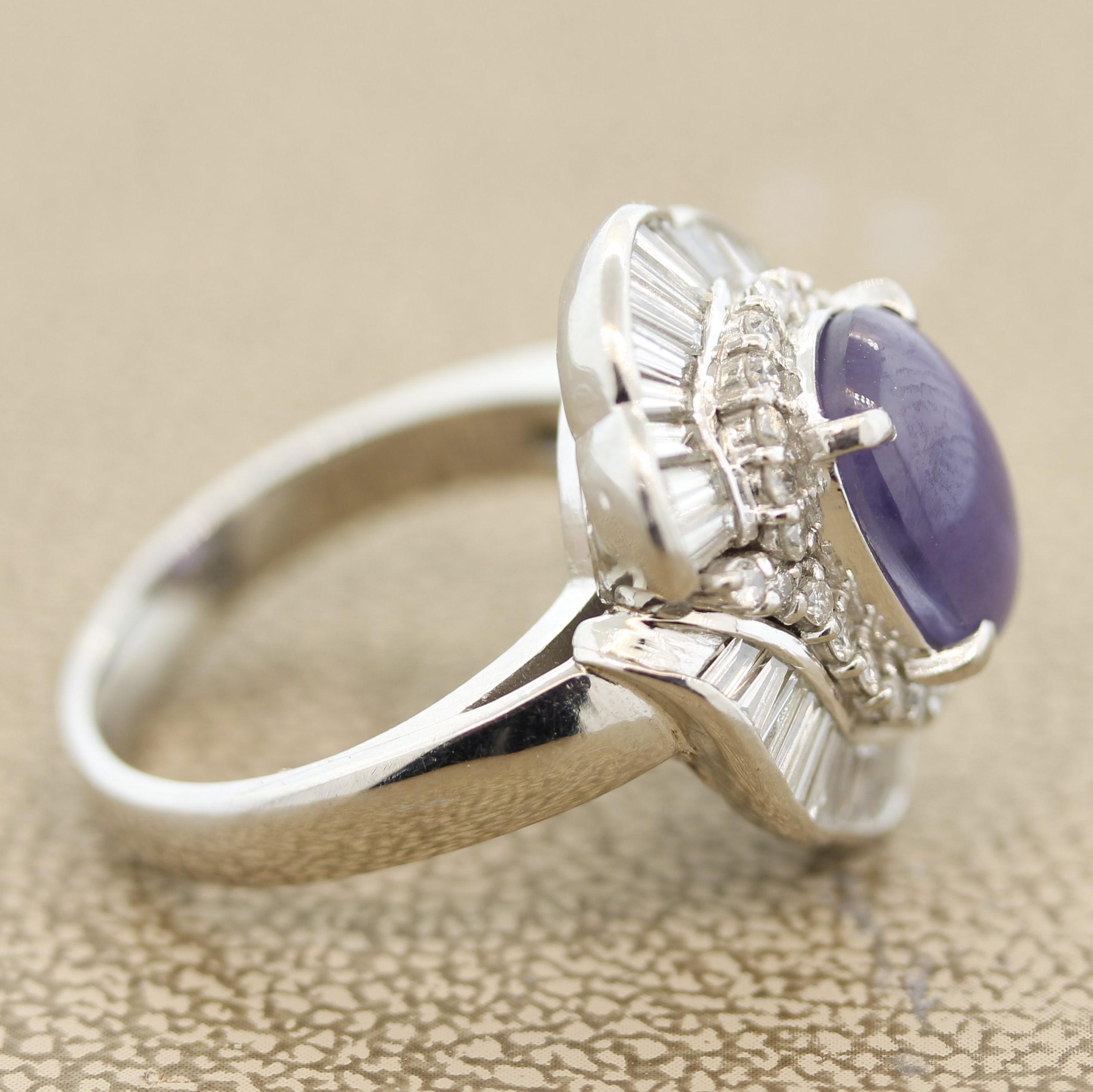 Cabochon Purple Star Sapphire Diamond Platinum Ring For Sale