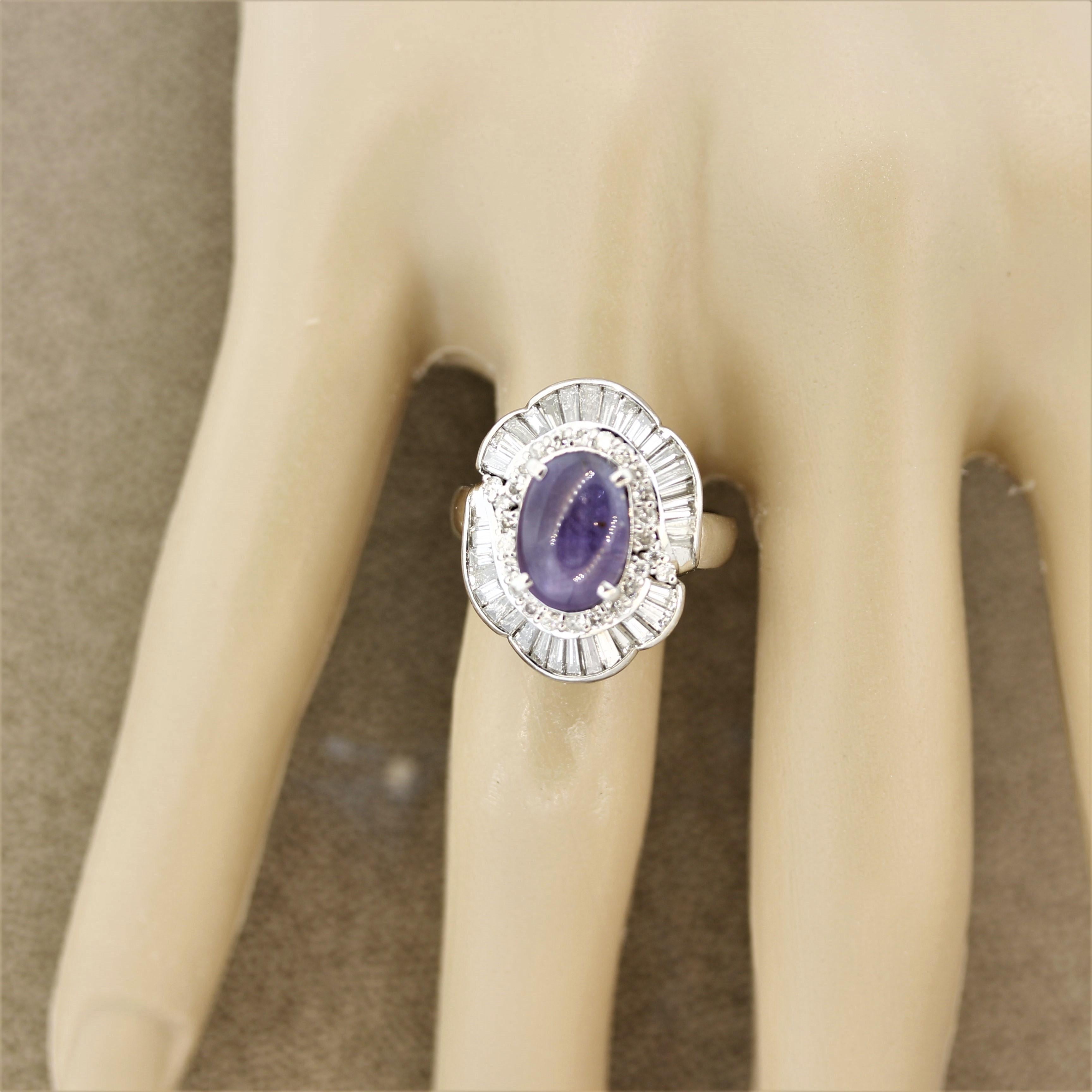 Purple Star Sapphire Diamond Platinum Ring In New Condition For Sale In Beverly Hills, CA