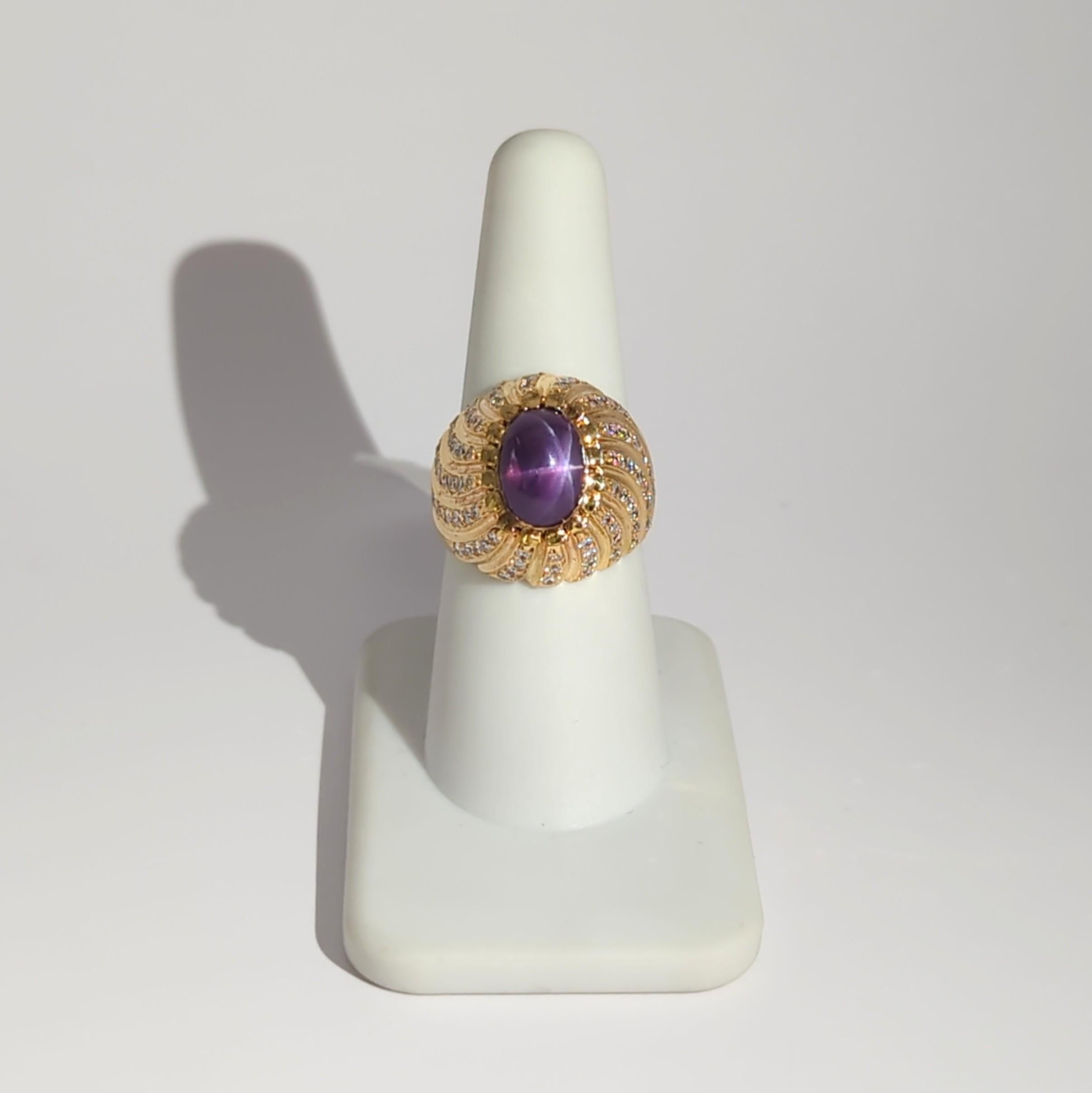 Purple Star Sapphire Oval Cabochon and Diamond Ring in 18k Rose Gold In New Condition For Sale In Los Angeles, CA