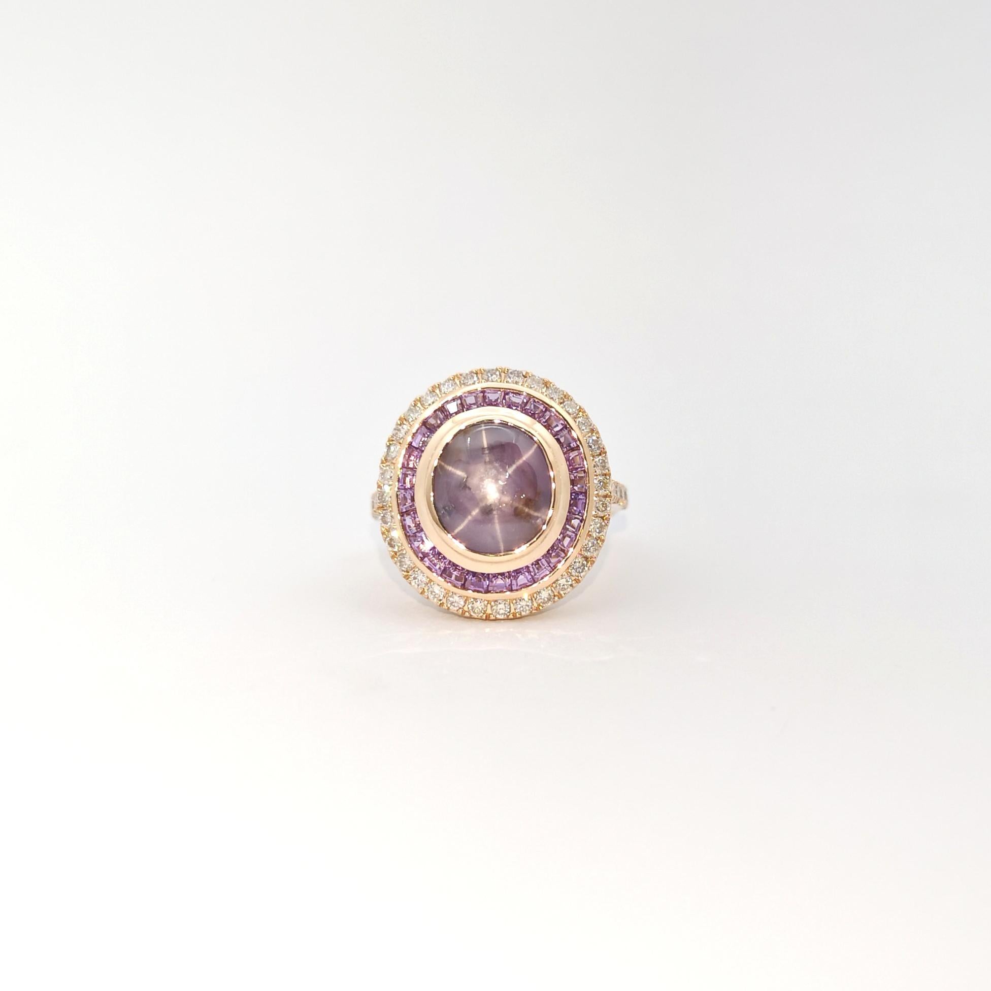Purple Star Sapphire, Purple Sapphire and Brown Diamond Ring in 18K Rose Gold For Sale 1