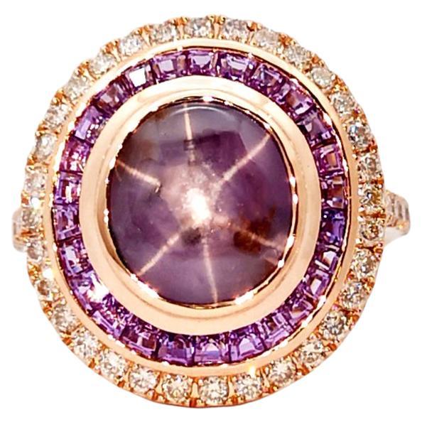 Bague en or rose 18 carats saphir étoilé, saphir violet et diamant brun en vente