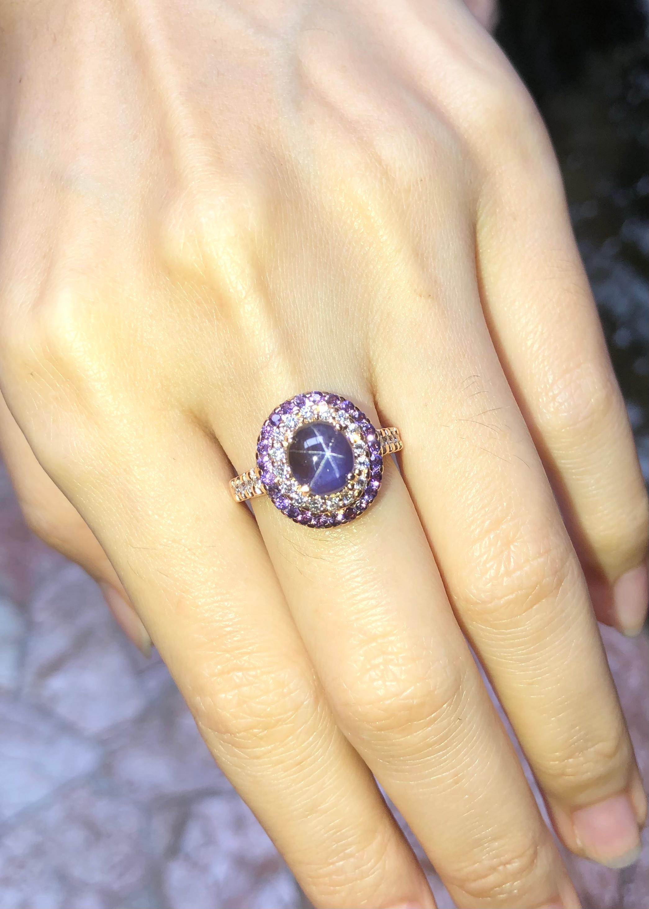 Purple Star Sapphire, Purple Sapphire and Diamond Ring Set in 18k Rose Gold For Sale 3