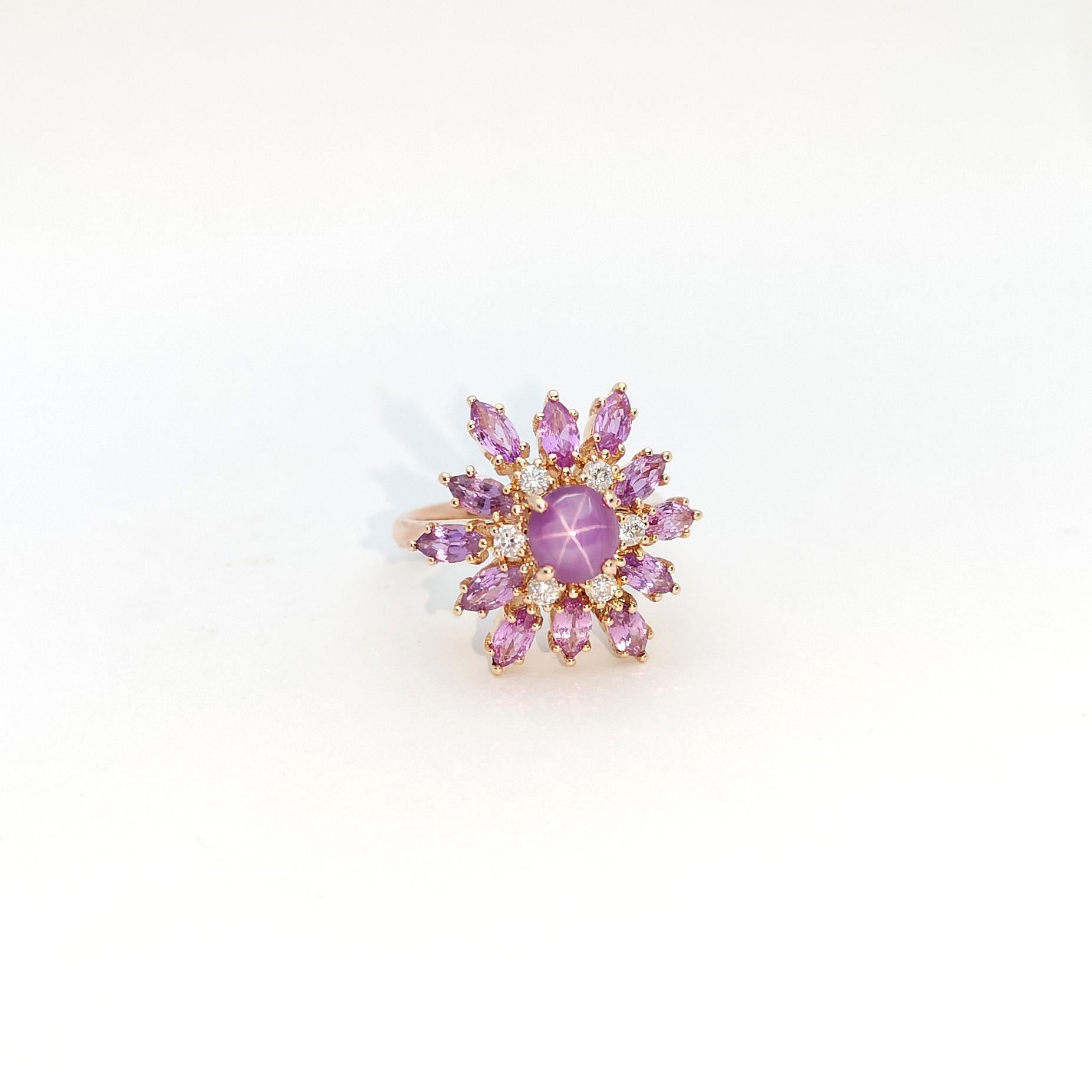 Purple Star Sapphire, Purple Sapphire and Diamond Ring set in 18K Rose Gold For Sale 4