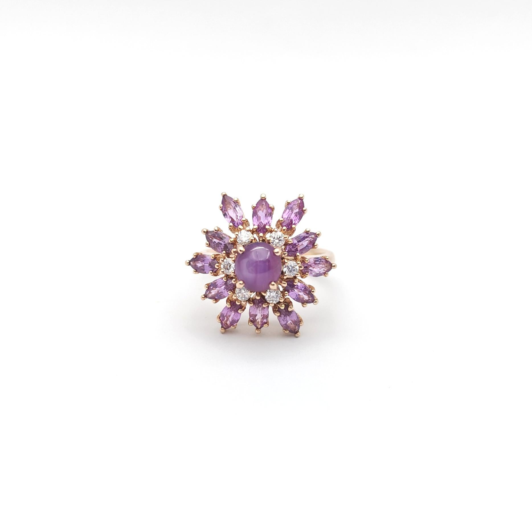 Purple Star Sapphire, Purple Sapphire and Diamond Ring set in 18K Rose Gold For Sale 5