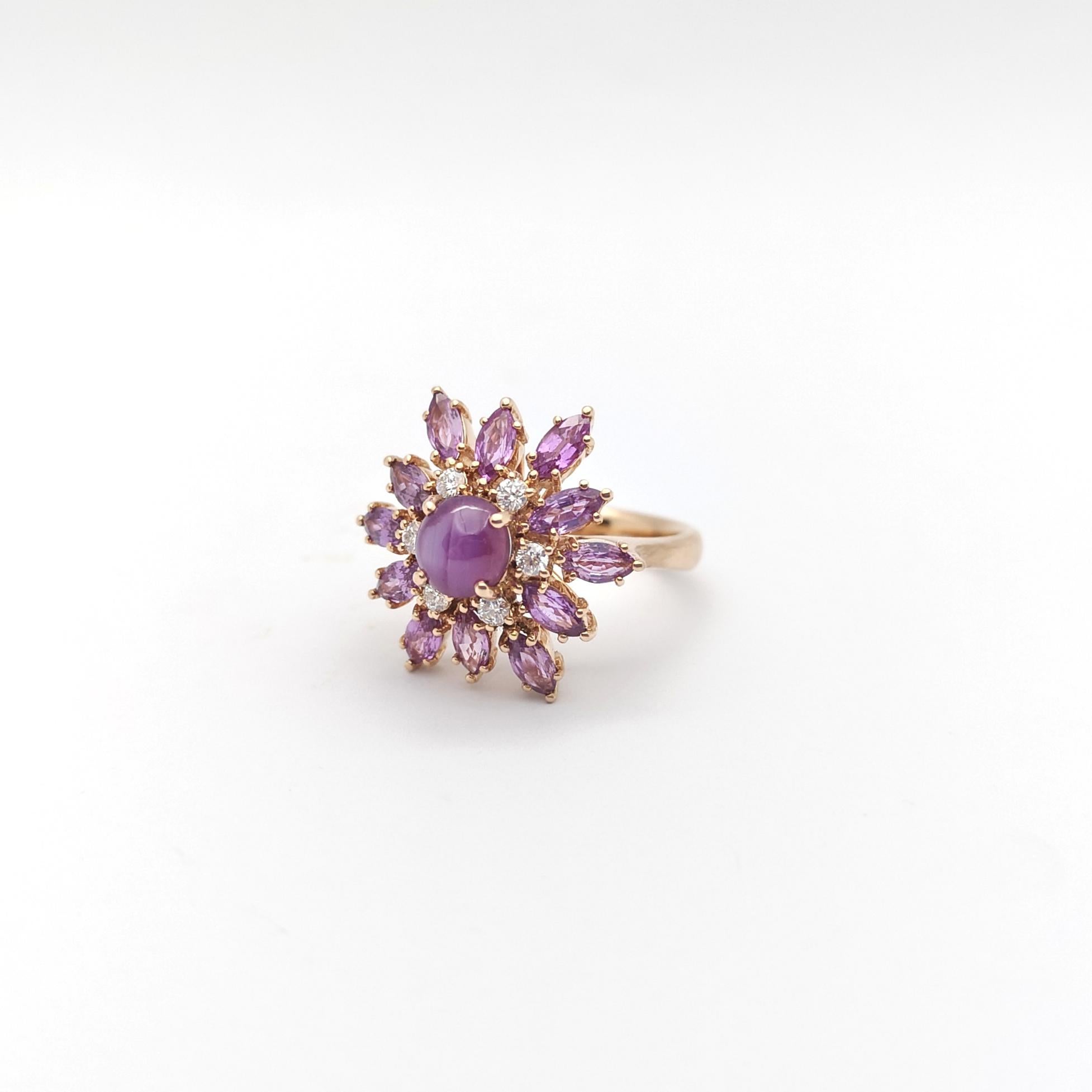 Purple Star Sapphire, Purple Sapphire and Diamond Ring set in 18K Rose Gold For Sale 6