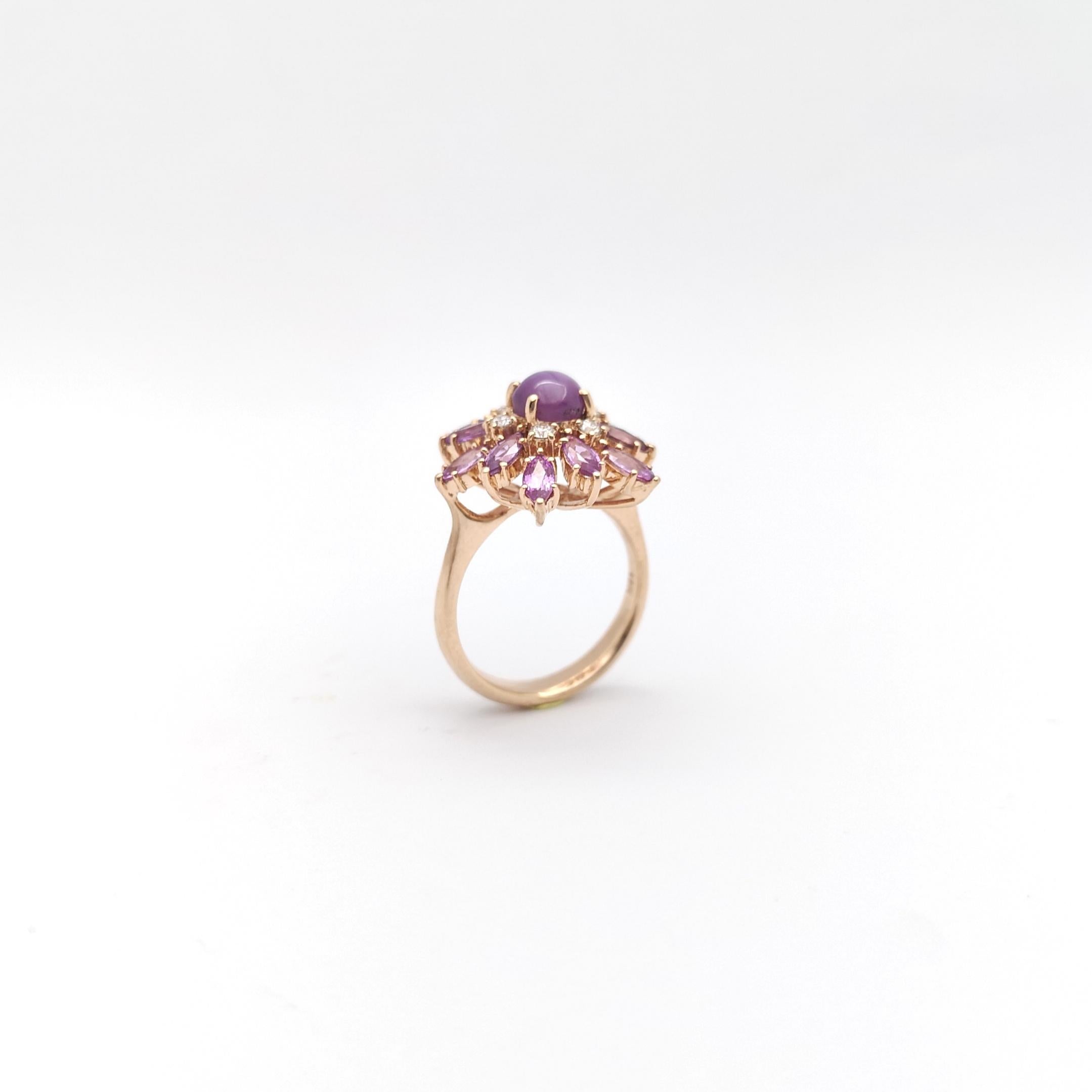 Purple Star Sapphire, Purple Sapphire and Diamond Ring set in 18K Rose Gold For Sale 8