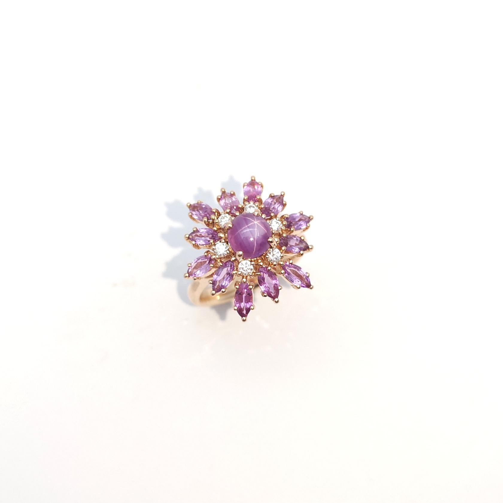 Purple Star Sapphire, Purple Sapphire and Diamond Ring set in 18K Rose Gold For Sale 9