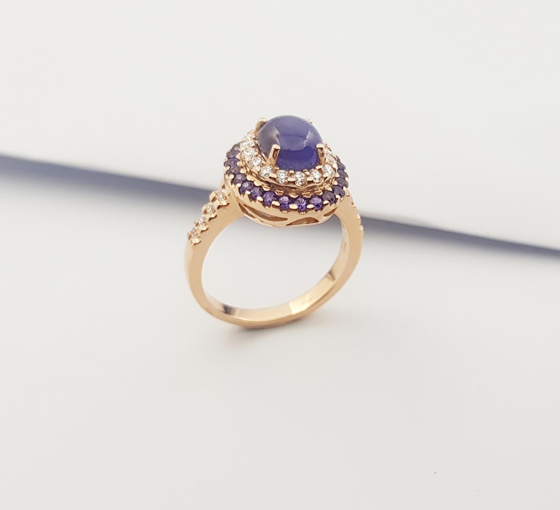 Purple Star Sapphire, Purple Sapphire and Diamond Ring Set in 18k Rose Gold For Sale 9