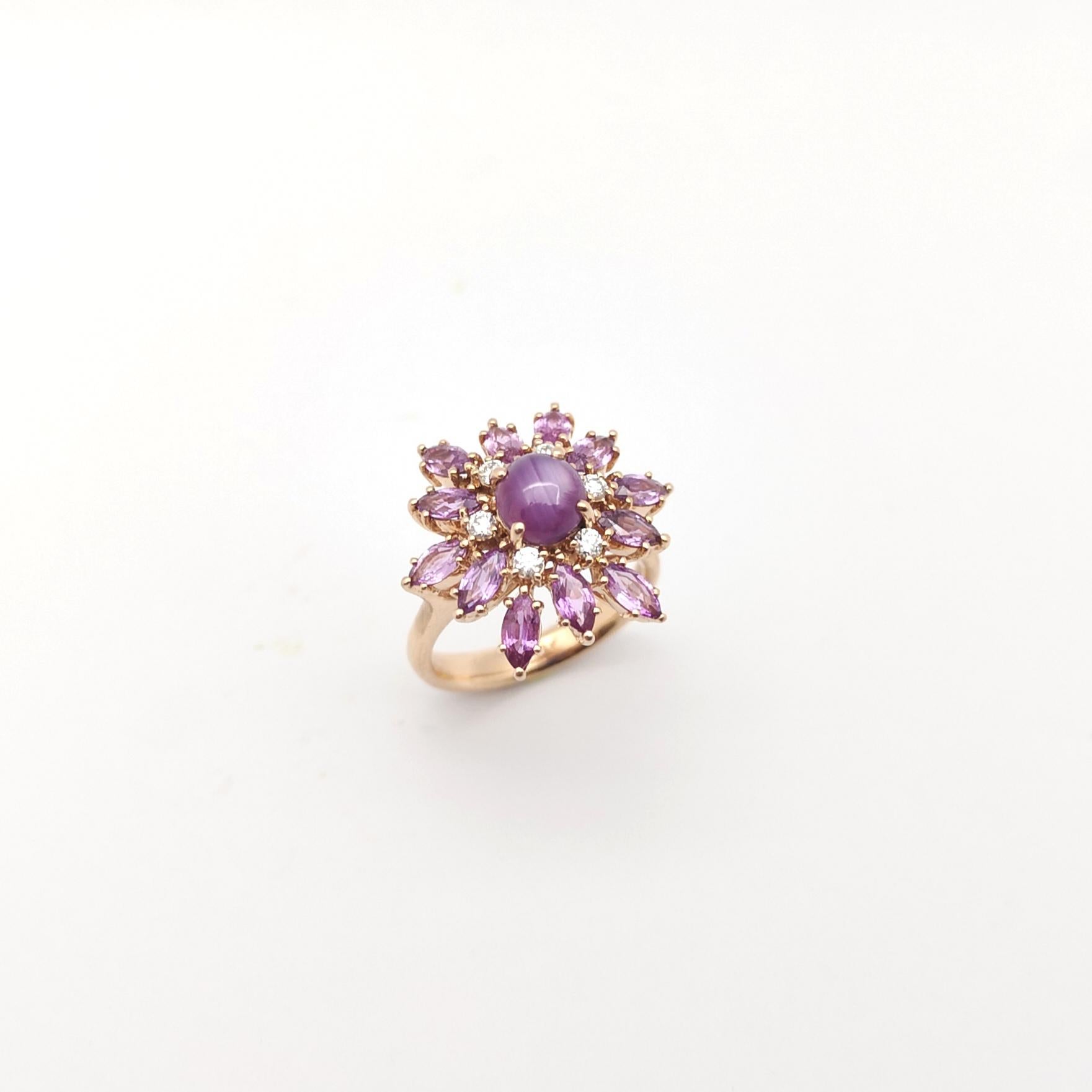 Purple Star Sapphire, Purple Sapphire and Diamond Ring set in 18K Rose Gold For Sale 10