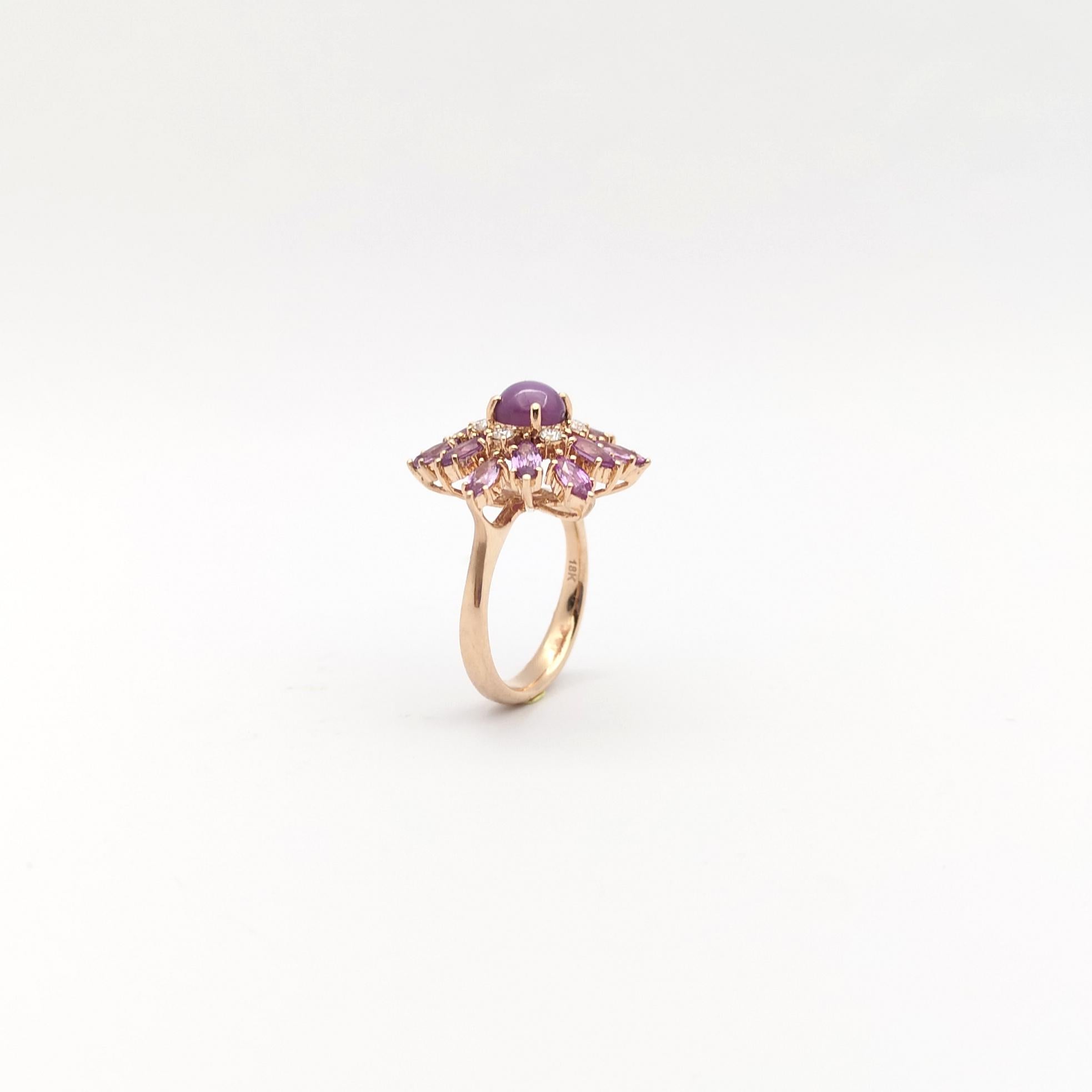 Purple Star Sapphire, Purple Sapphire and Diamond Ring set in 18K Rose Gold For Sale 11