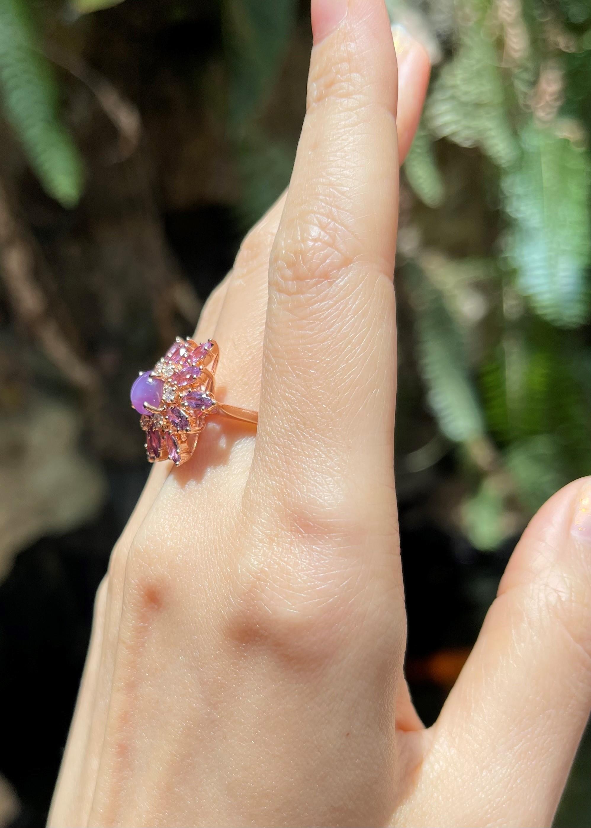 Contemporary Purple Star Sapphire, Purple Sapphire and Diamond Ring set in 18K Rose Gold For Sale