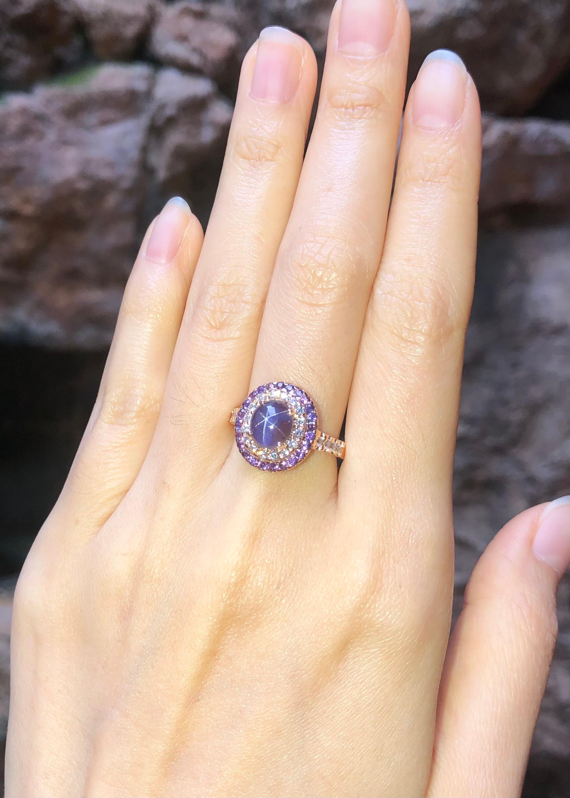 Contemporary Purple Star Sapphire, Purple Sapphire and Diamond Ring Set in 18k Rose Gold For Sale