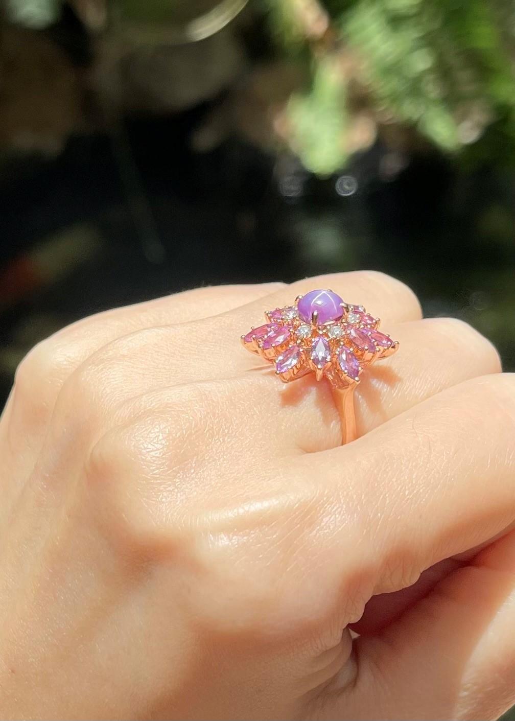 Mixed Cut Purple Star Sapphire, Purple Sapphire and Diamond Ring set in 18K Rose Gold For Sale