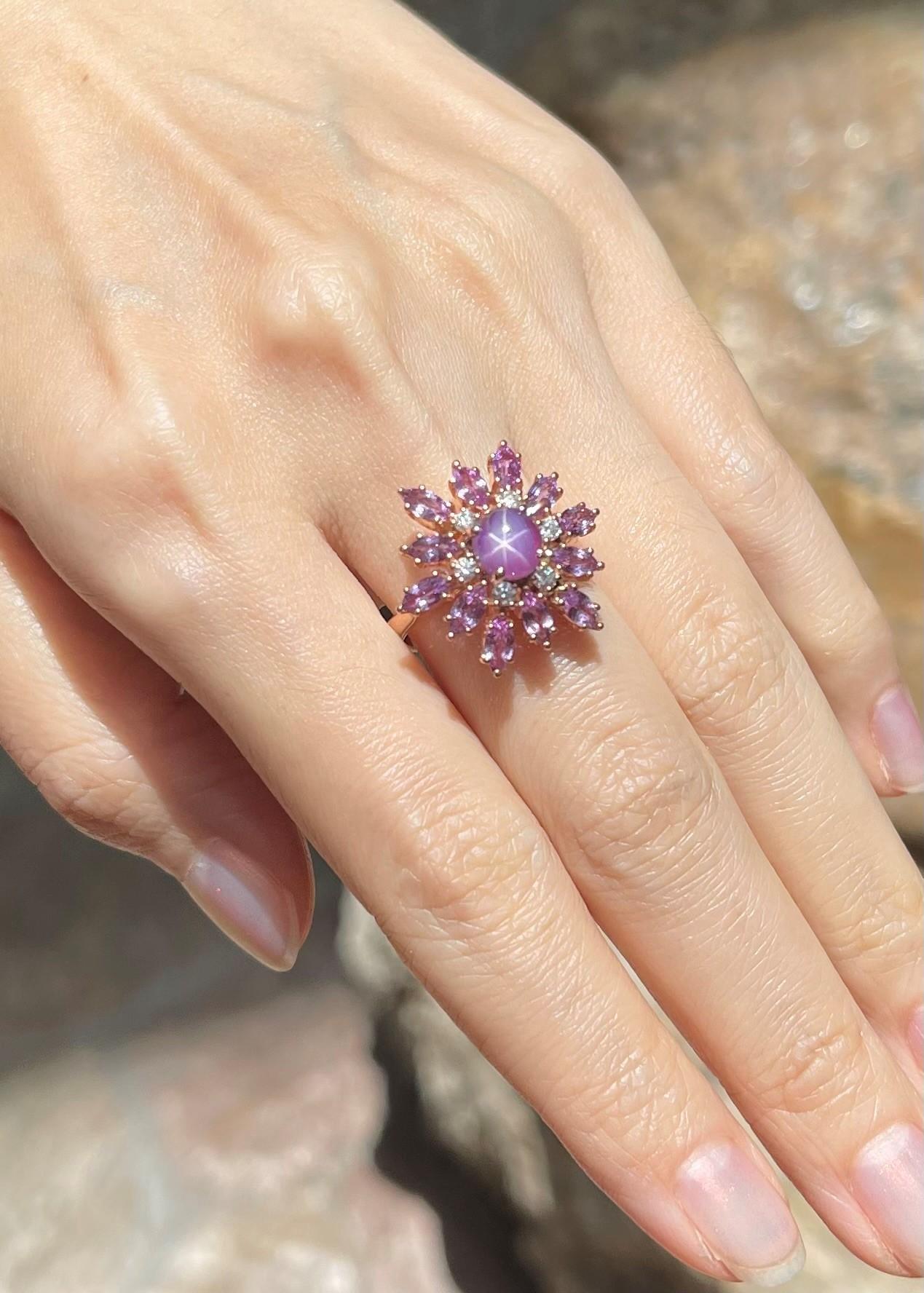 Purple Star Sapphire, Purple Sapphire and Diamond Ring set in 18K Rose Gold In New Condition For Sale In Bangkok, TH