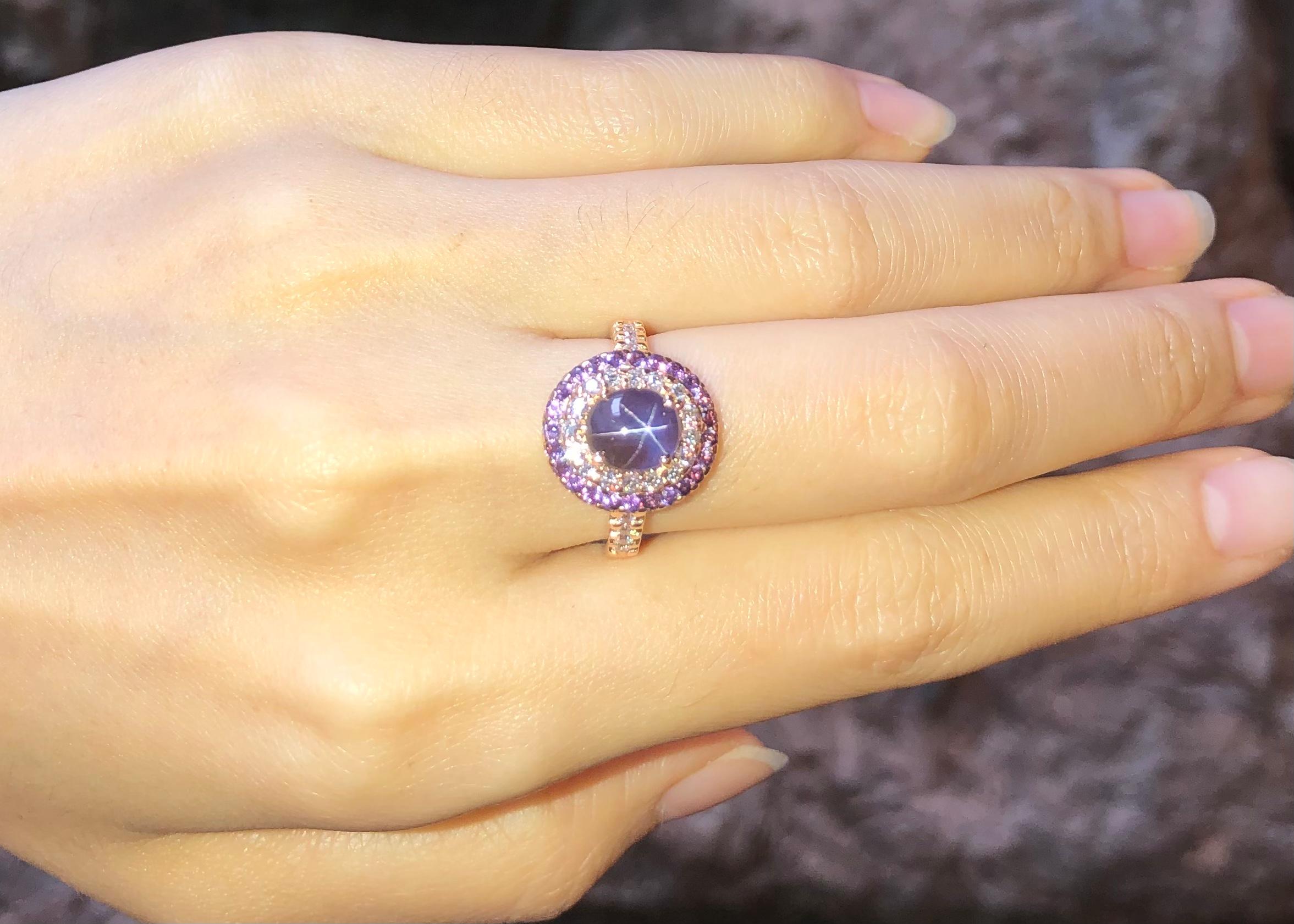 Purple Star Sapphire, Purple Sapphire and Diamond Ring Set in 18k Rose Gold In New Condition For Sale In Bangkok, TH