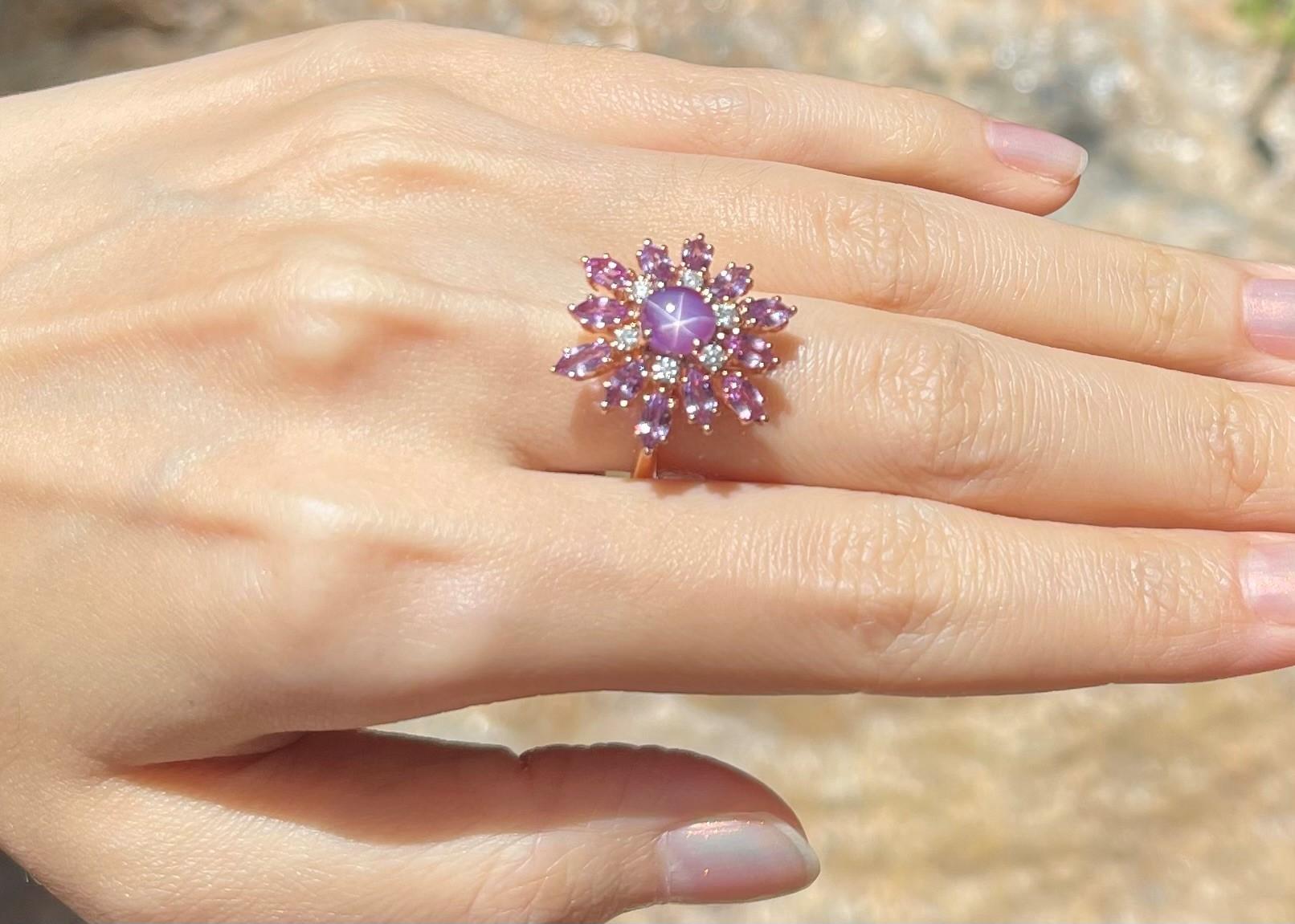 Women's Purple Star Sapphire, Purple Sapphire and Diamond Ring set in 18K Rose Gold For Sale