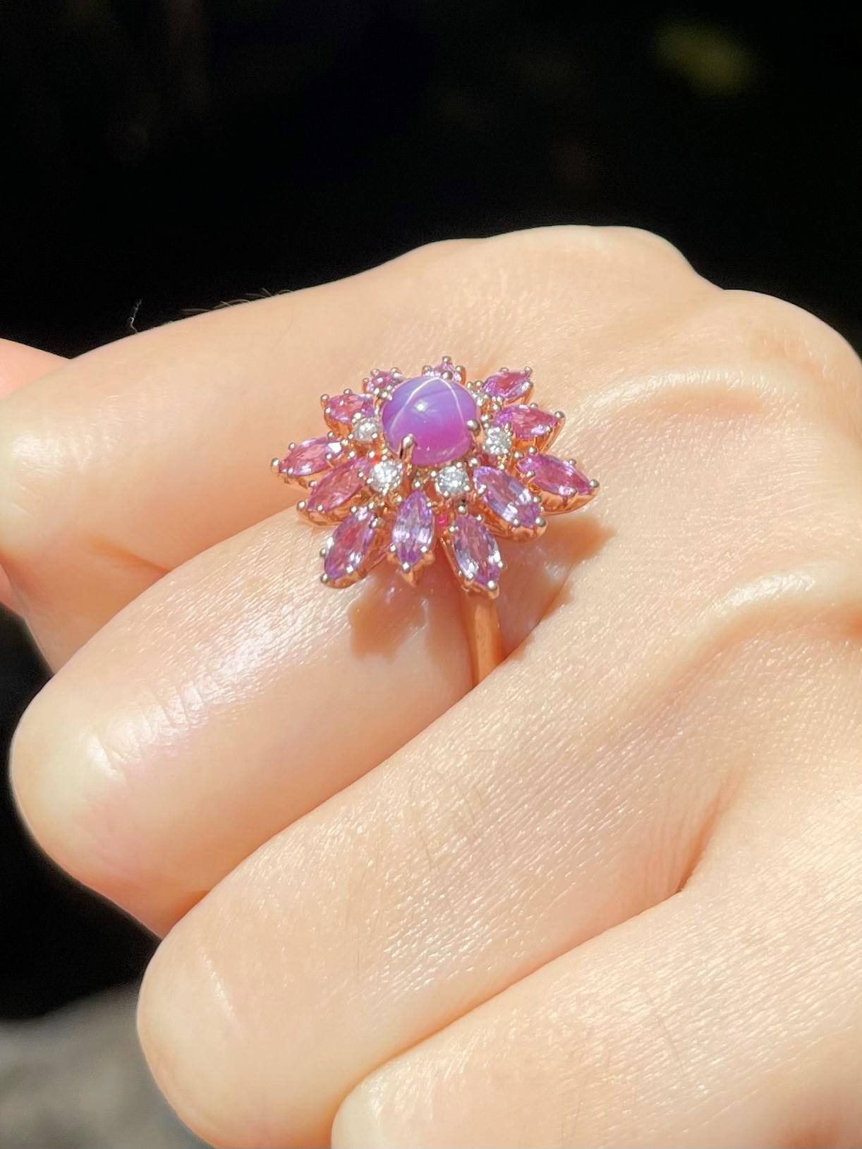 Purple Star Sapphire, Purple Sapphire and Diamond Ring set in 18K Rose Gold For Sale 1