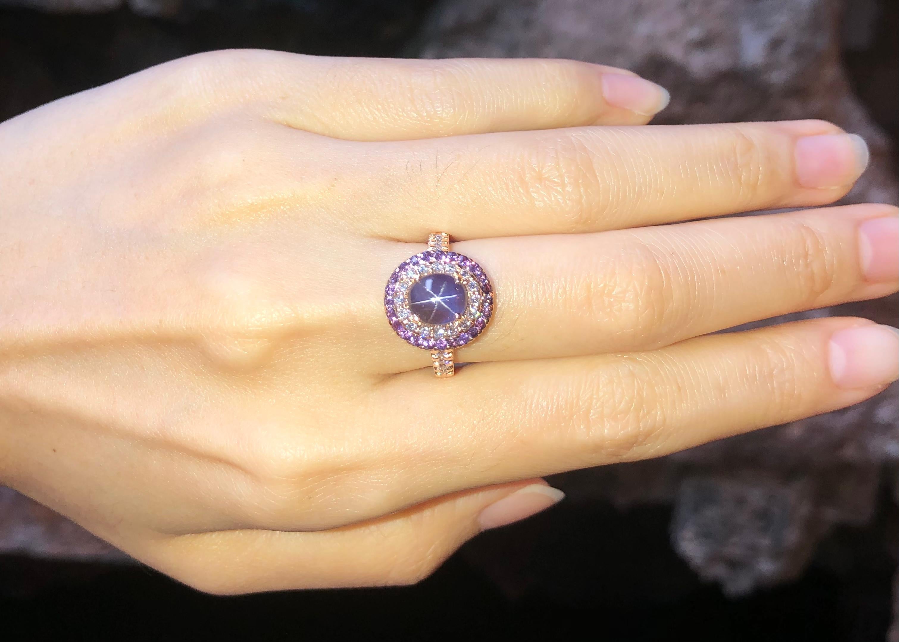 Purple Star Sapphire, Purple Sapphire and Diamond Ring Set in 18k Rose Gold For Sale 1