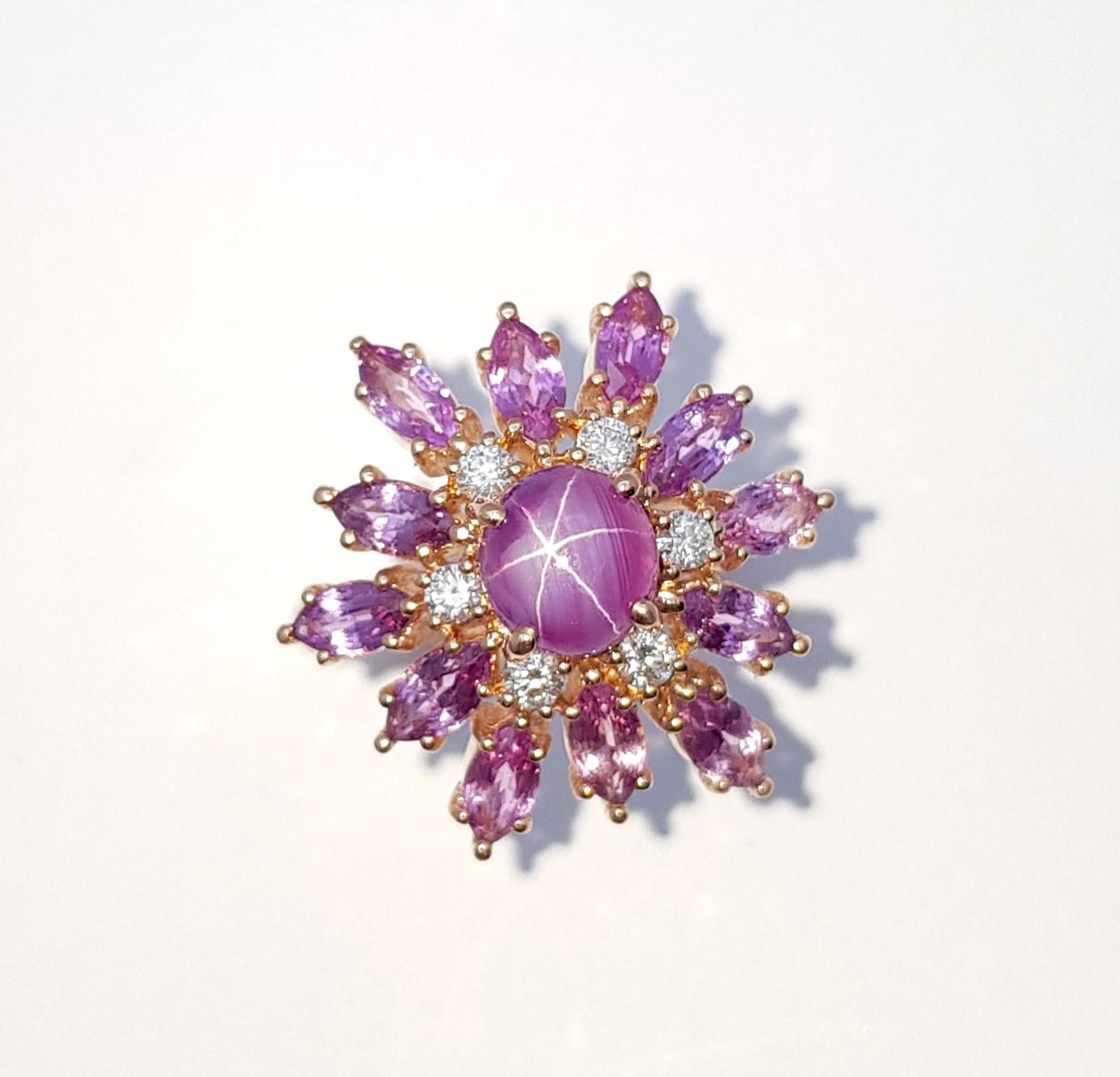 Purple Star Sapphire, Purple Sapphire and Diamond Ring set in 18K Rose Gold For Sale 2