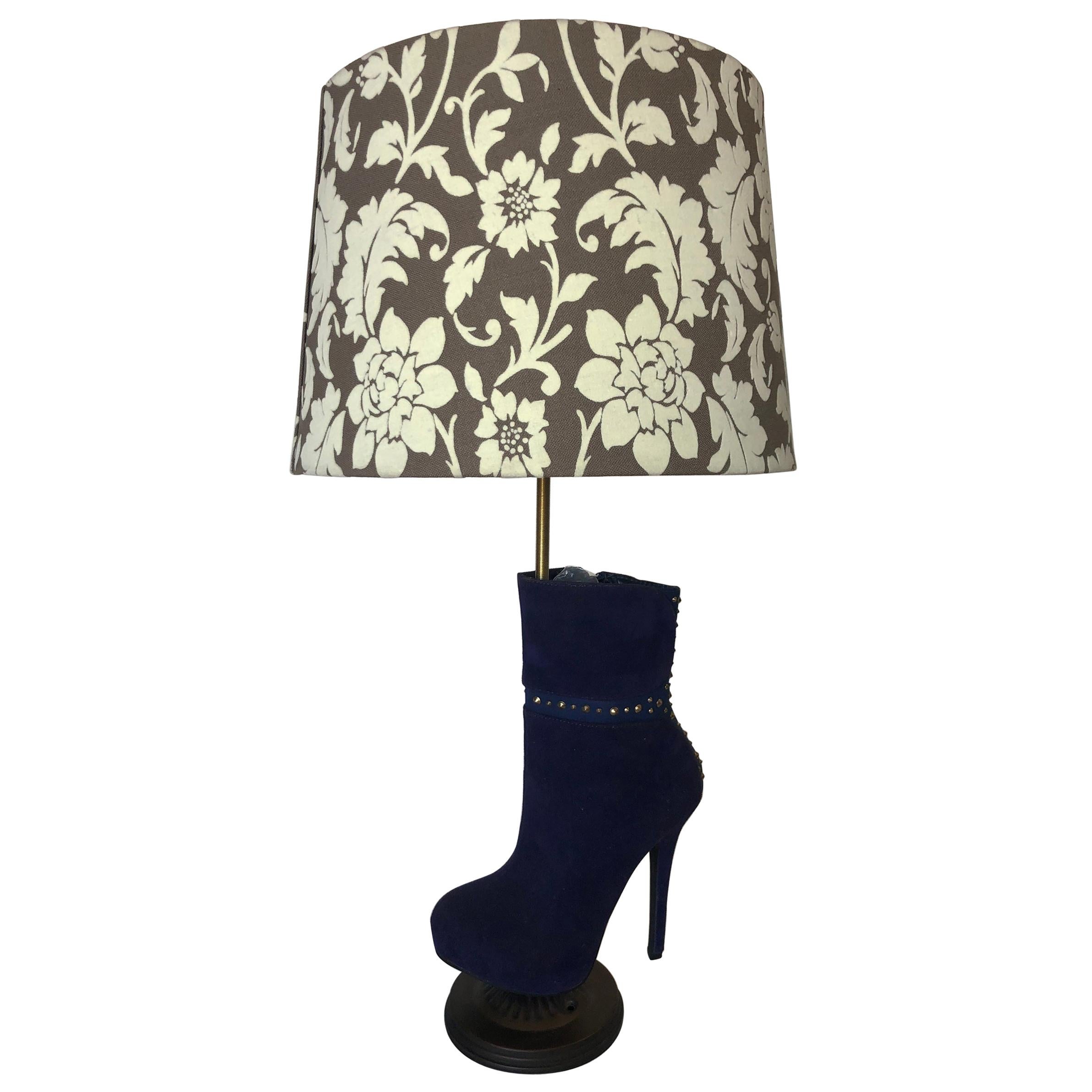 Purple Stiletto High Heel Boot Table Lamp with Floral Lamp Shade For Sale