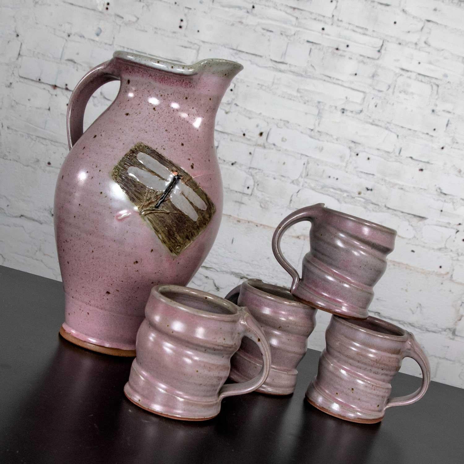 Ensemble de chocolat chaud 1 pichet et 4 tasses en céramique violette Studio Pottery faits à la main en vente 3