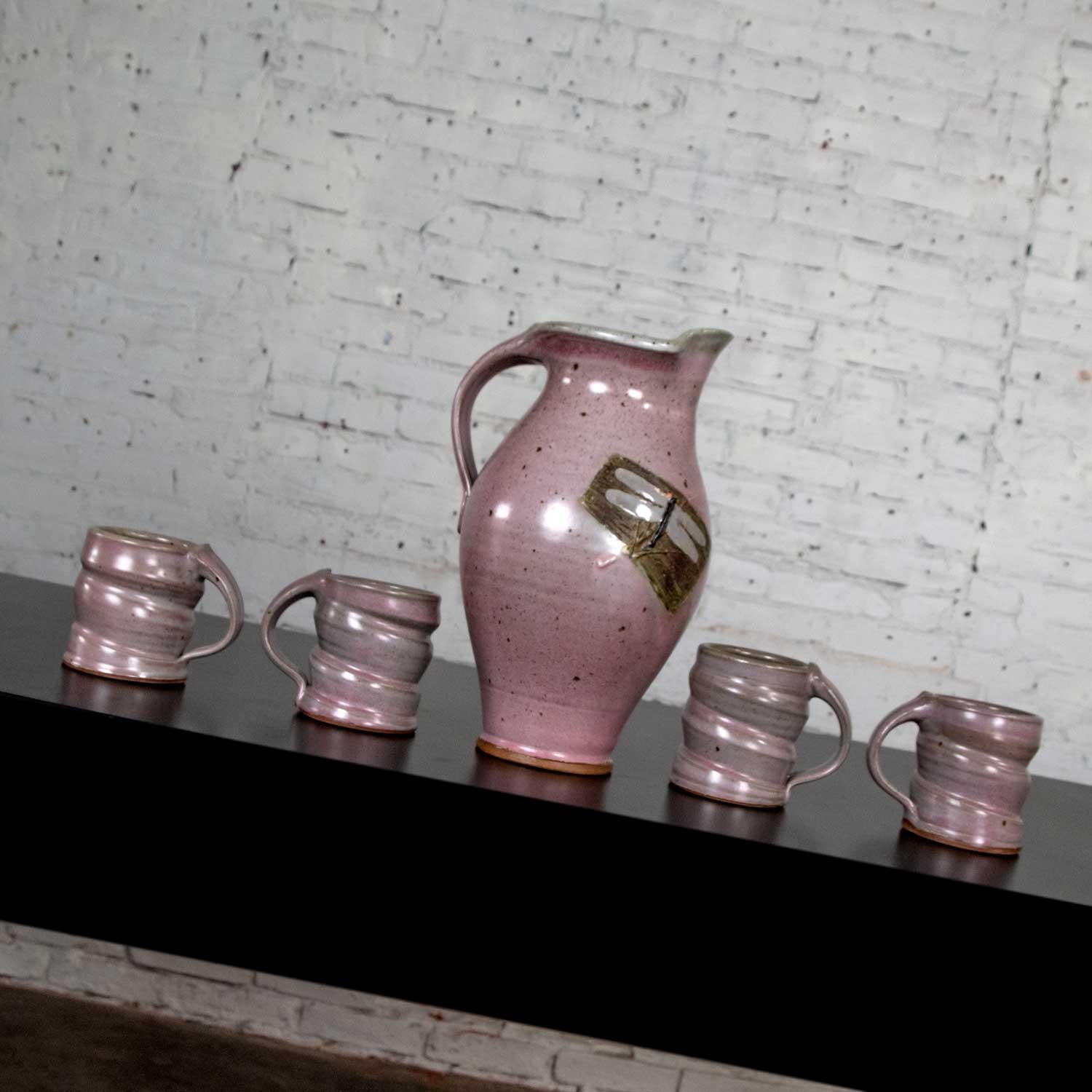 Ensemble de chocolat chaud 1 pichet et 4 tasses en céramique violette Studio Pottery faits à la main en vente 4