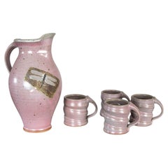 Set da tè moderno in ceramica viola, realizzato in studio, firmato Powell: brocca e 4 tazze