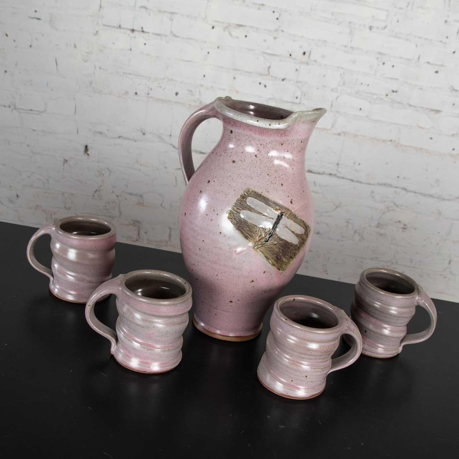 Modern Purple Studio Pottery Ceramic Handmade Hot Chocolate Set 1 Pitcher & 4 Cups For Sale