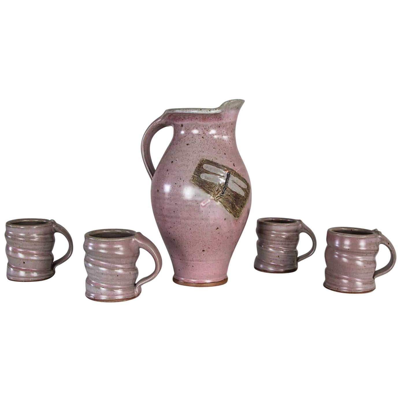 Purple Studio Pottery Ceramic Handmade Hot Chocolate Set 1 Pitcher & 4 Cups For Sale