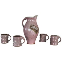 Vintage Purple Studio Pottery Ceramic Handmade Hot Chocolate Set 1 Pitcher & 4 Cups