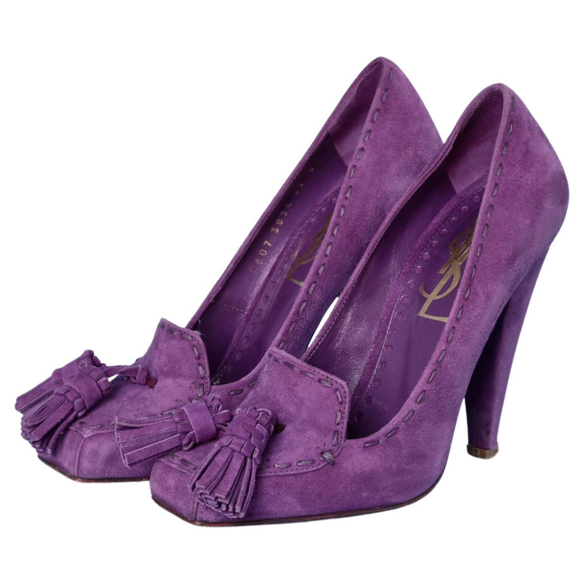 Purple suede high heels mocassin Yves Saint Laurent Rive Gauche For Sale
