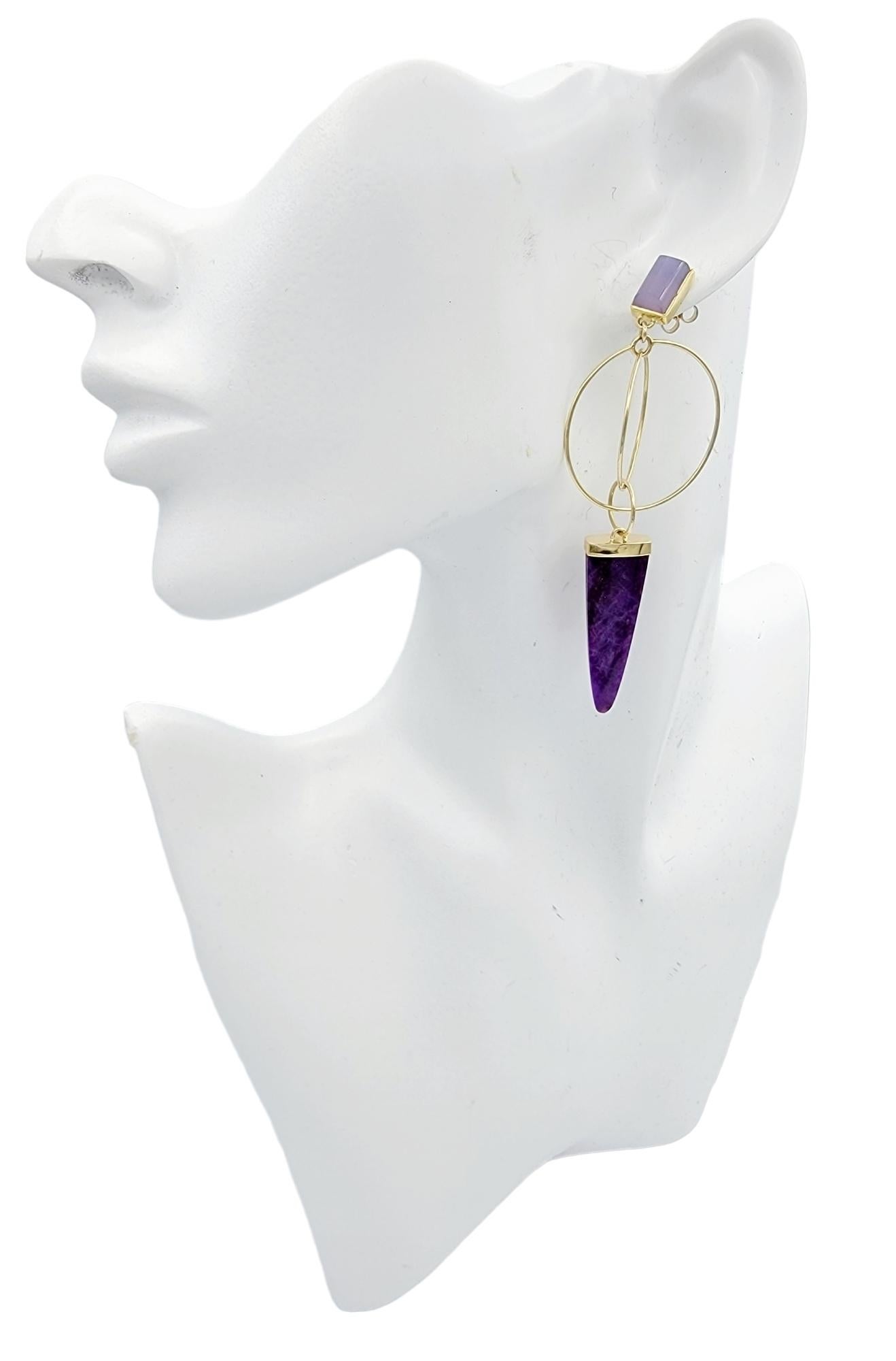 Purple Sugilite and Chalcedony Dangle Circle Earrings in 14 Karat Yellow Gold For Sale 4