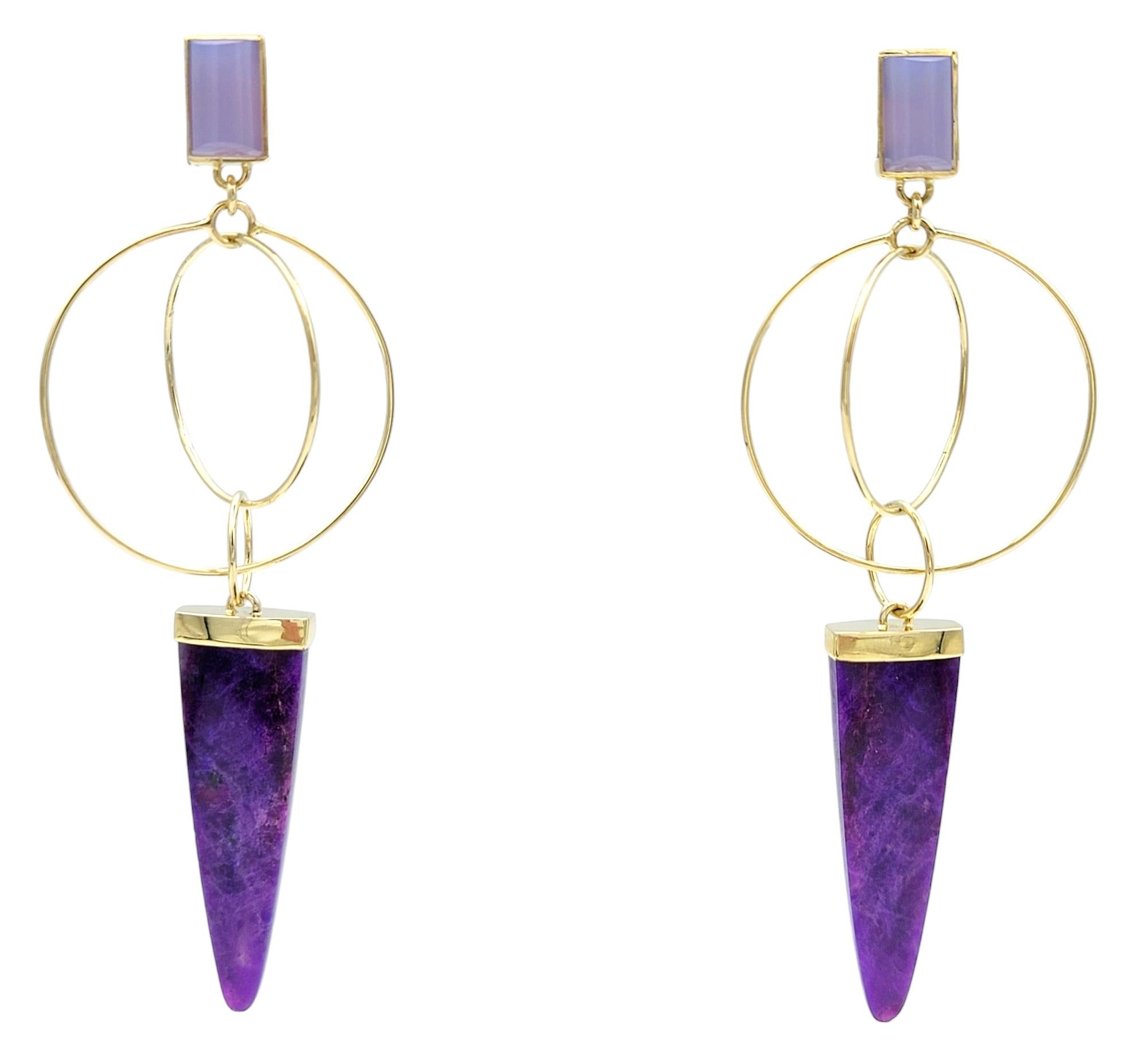Purple Sugilite and Chalcedony Dangle Circle Earrings in 14 Karat Yellow Gold In Good Condition For Sale In Scottsdale, AZ
