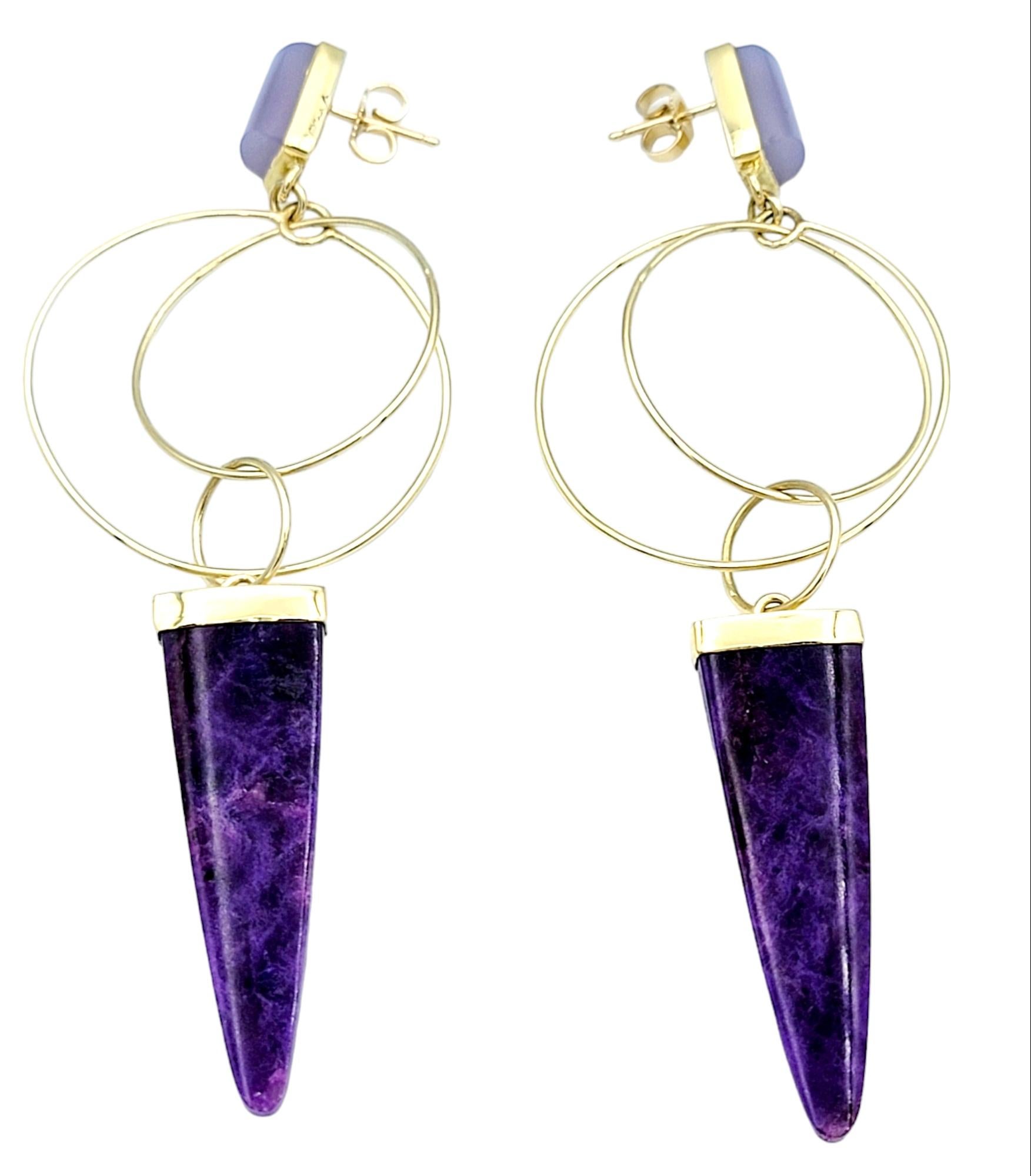 Women's Purple Sugilite and Chalcedony Dangle Circle Earrings in 14 Karat Yellow Gold For Sale