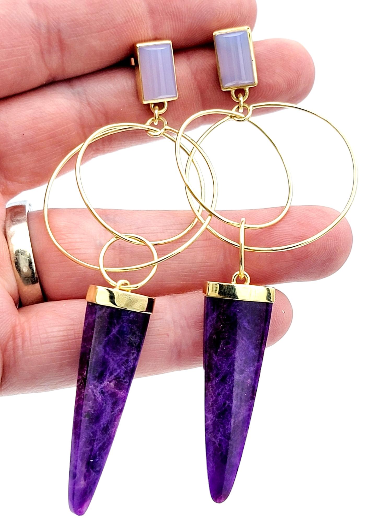 Purple Sugilite and Chalcedony Dangle Circle Earrings in 14 Karat Yellow Gold For Sale 2