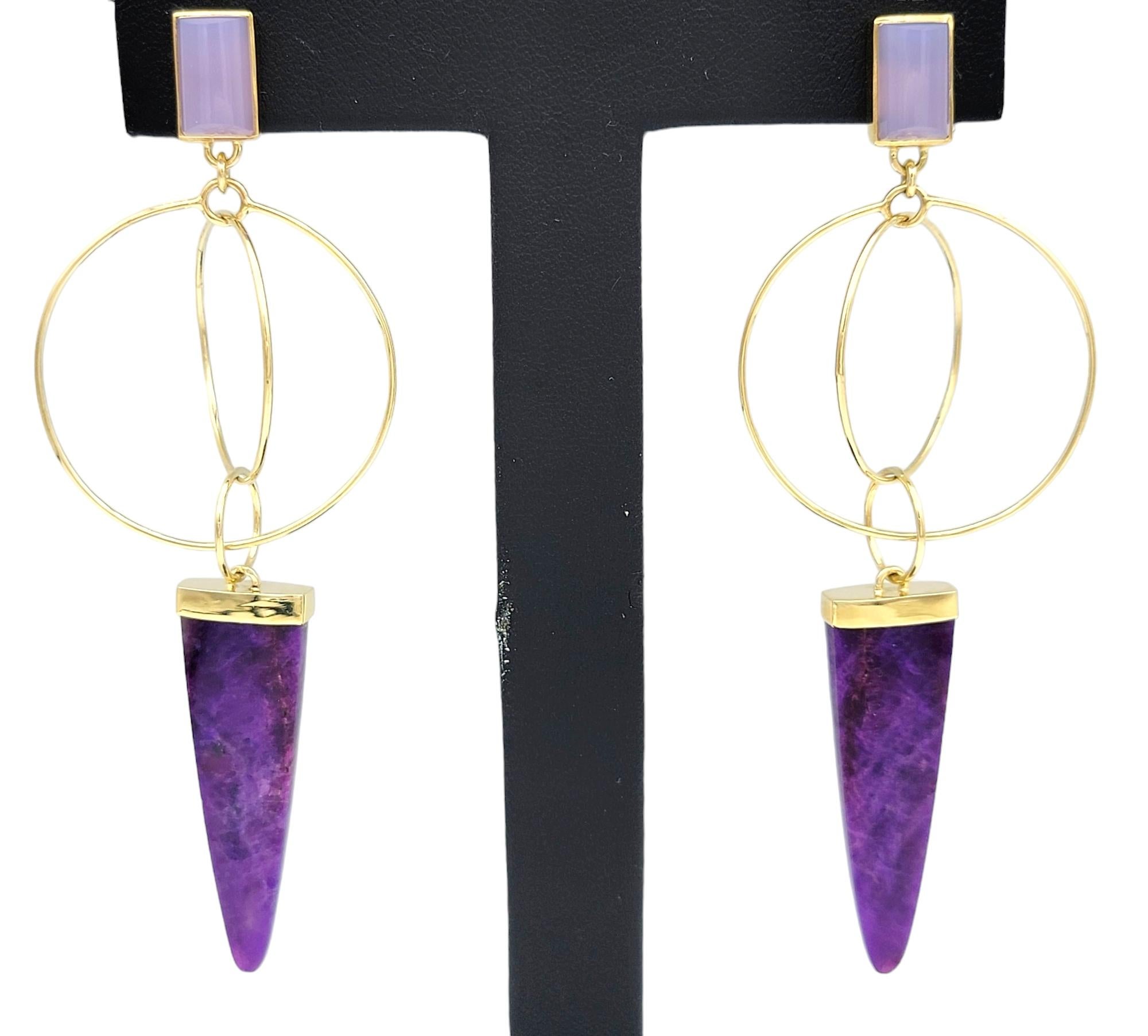 Purple Sugilite and Chalcedony Dangle Circle Earrings in 14 Karat Yellow Gold For Sale 3