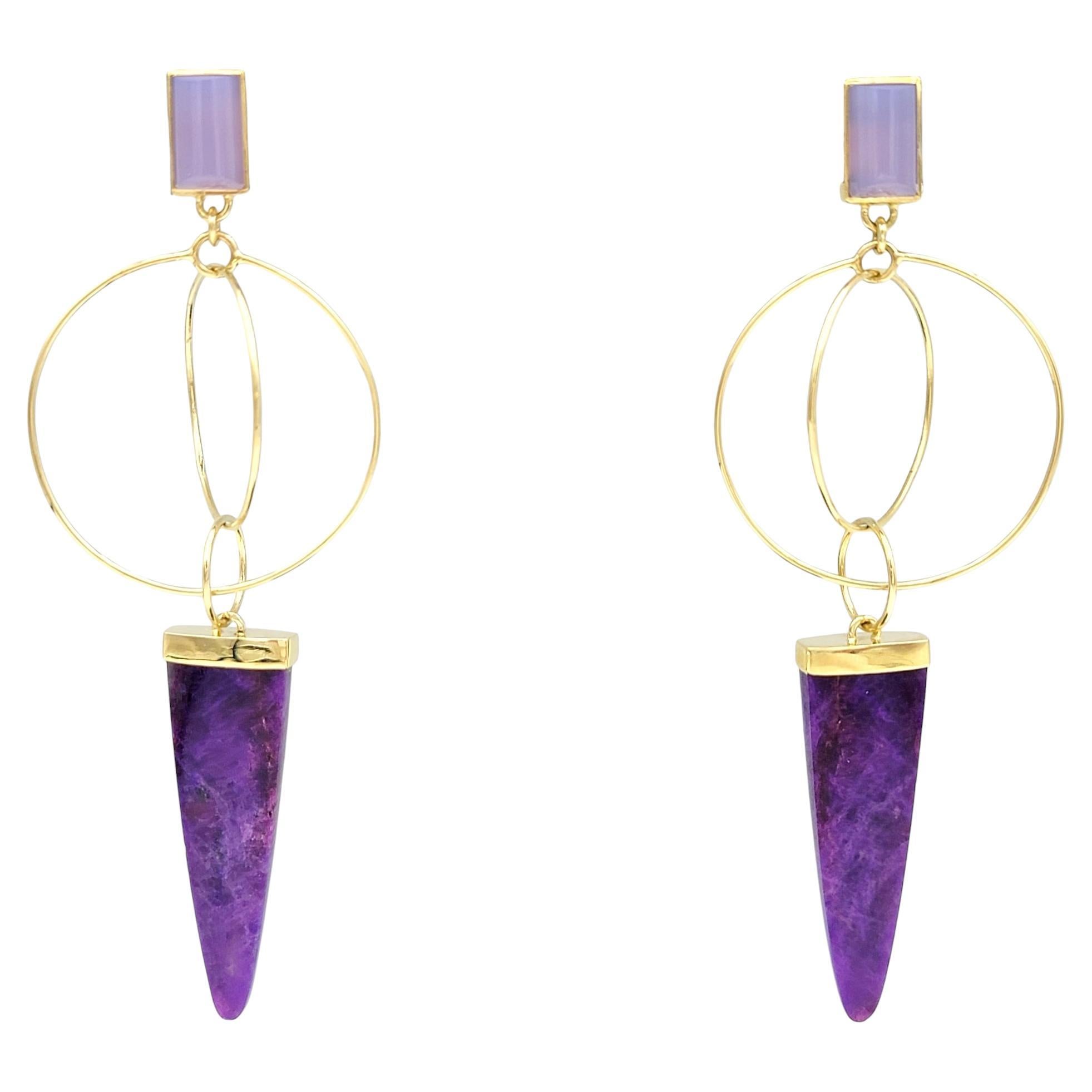Purple Sugilite and Chalcedony Dangle Circle Earrings in 14 Karat Yellow Gold For Sale