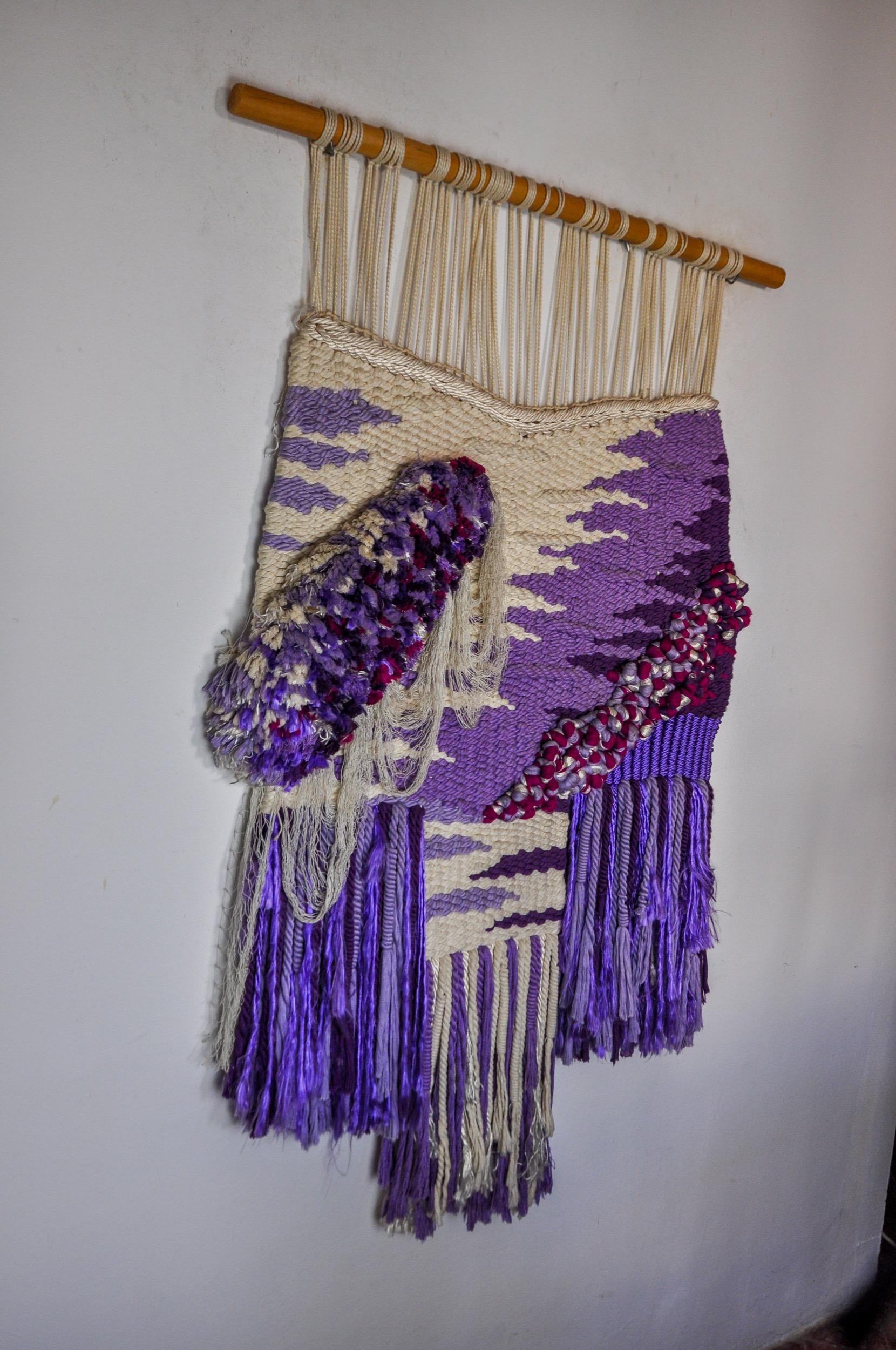 Hollywood Regency Purple Textured Macrame Wall Tapestry, Spain, 1970s For Sale