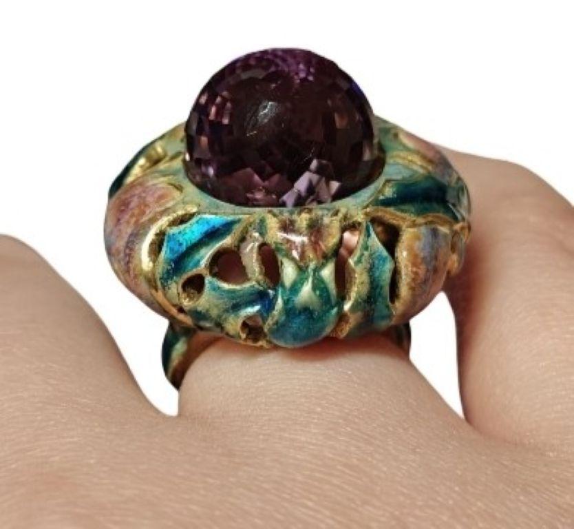 Artist Cocktail Ring 18K Yellow Gold with 27.8ct Amethyst Gemstone & Hot Enamel For Sale
