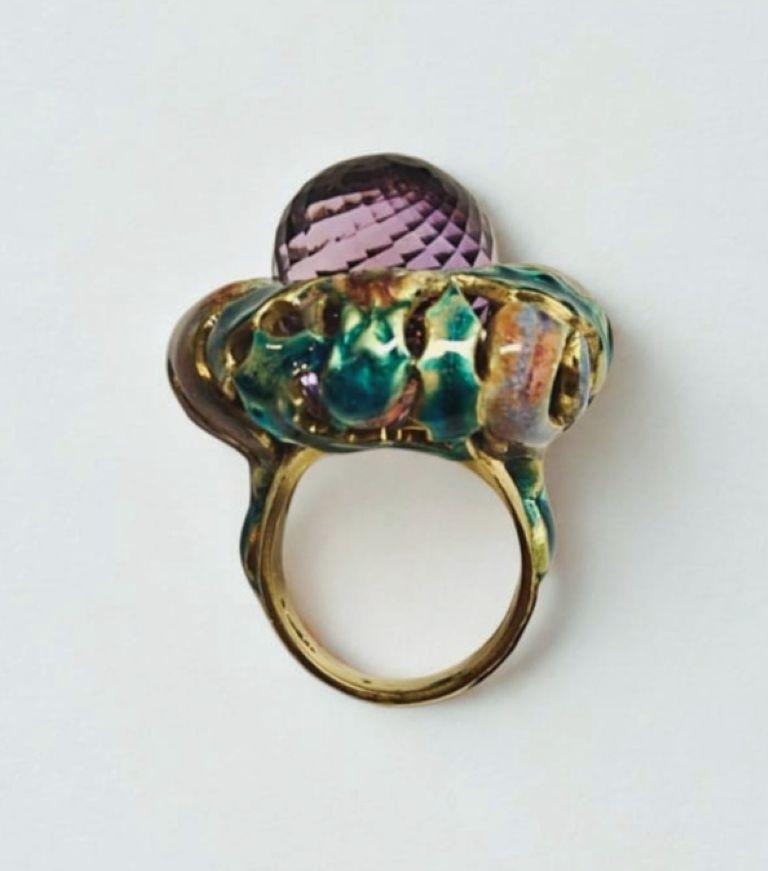 Briolette Cut Cocktail Ring 18K Yellow Gold with 27.8ct Amethyst Gemstone & Hot Enamel For Sale