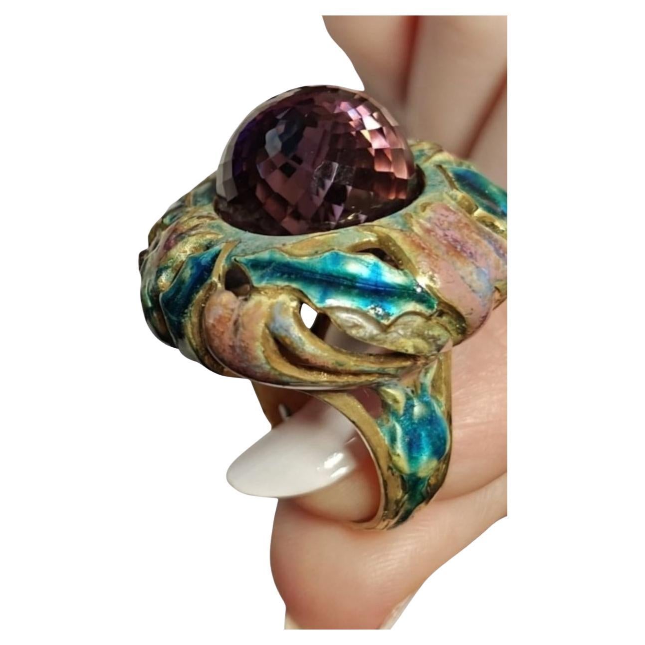 Cocktail Ring 18K Yellow Gold with 27.8ct Amethyst Gemstone & Hot Enamel For Sale